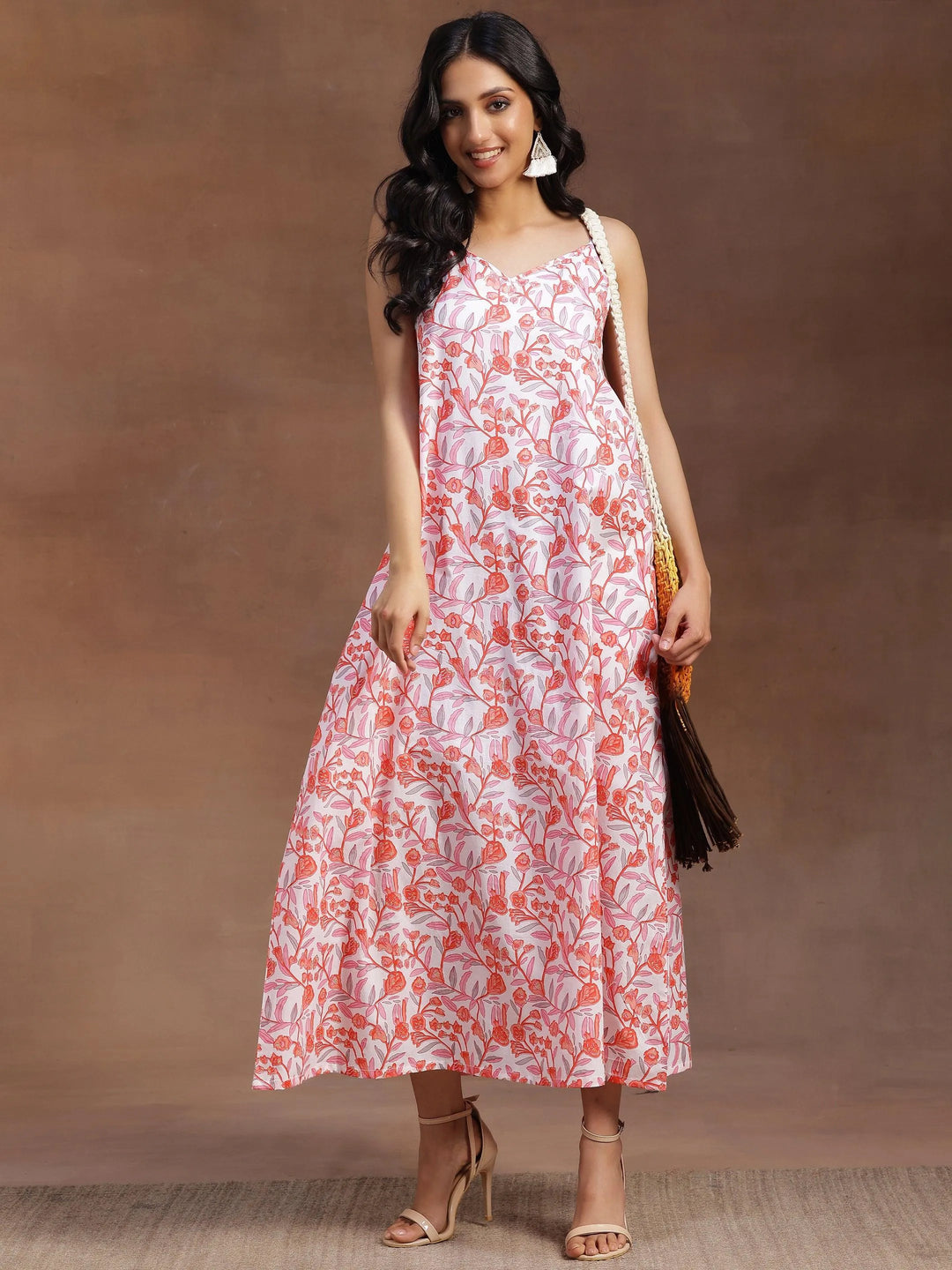 White Printed Cotton A-Line Dress - Libas
