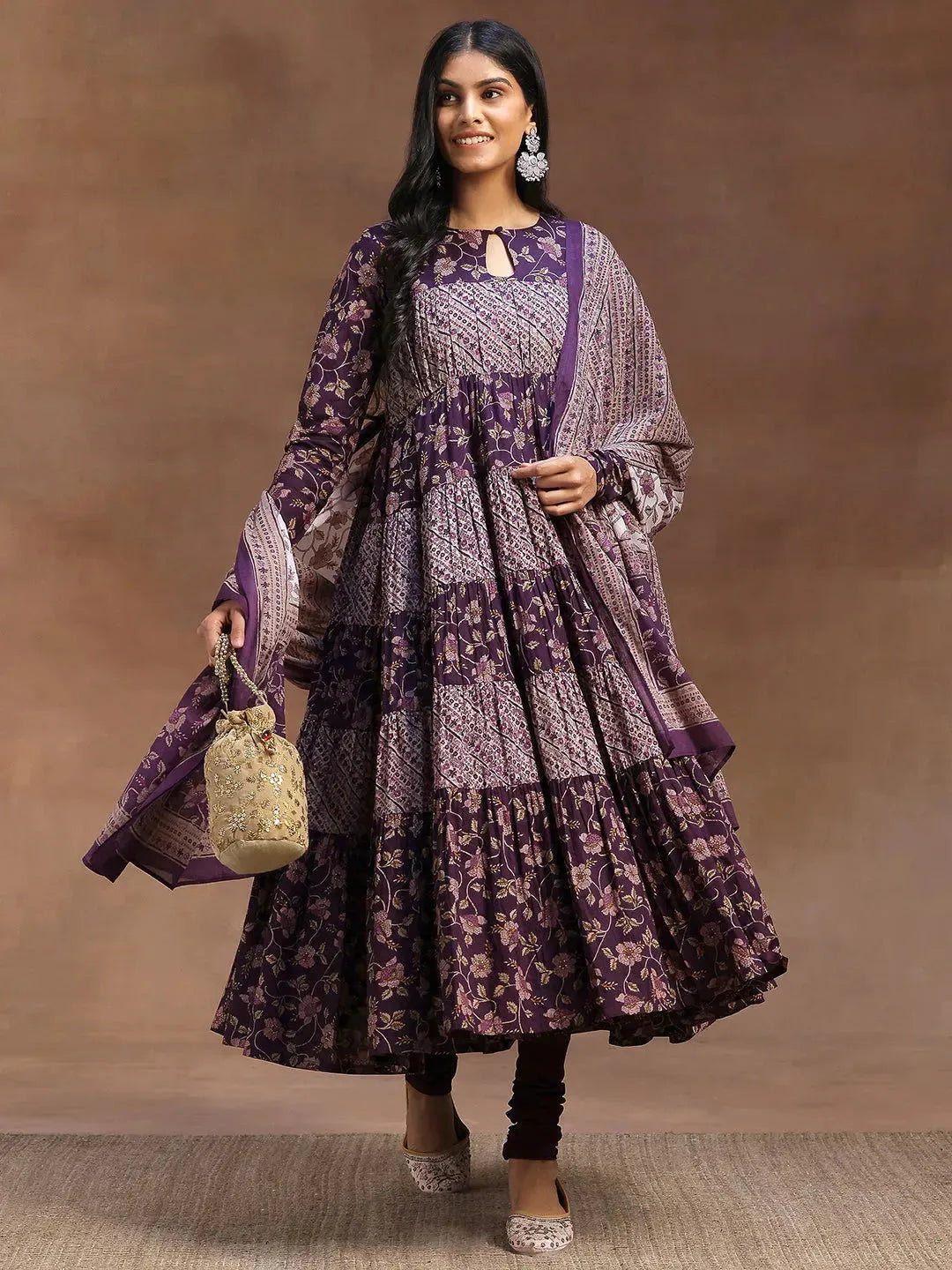 Purple Printed Cotton A-Line Kurta With Churidar Dupatta