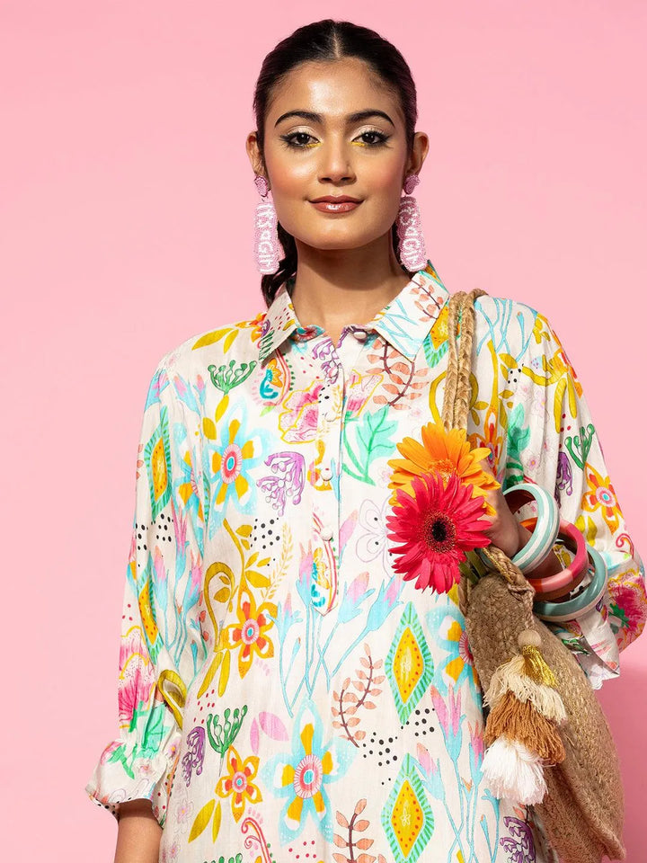 Cream Printed Silk Blend Co-Ords - Libas