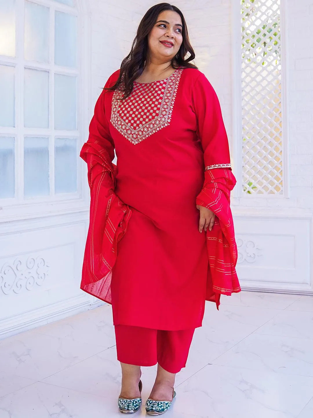 Buy Plus Size Pink Yoke Design Silk Blend Straight Suit With