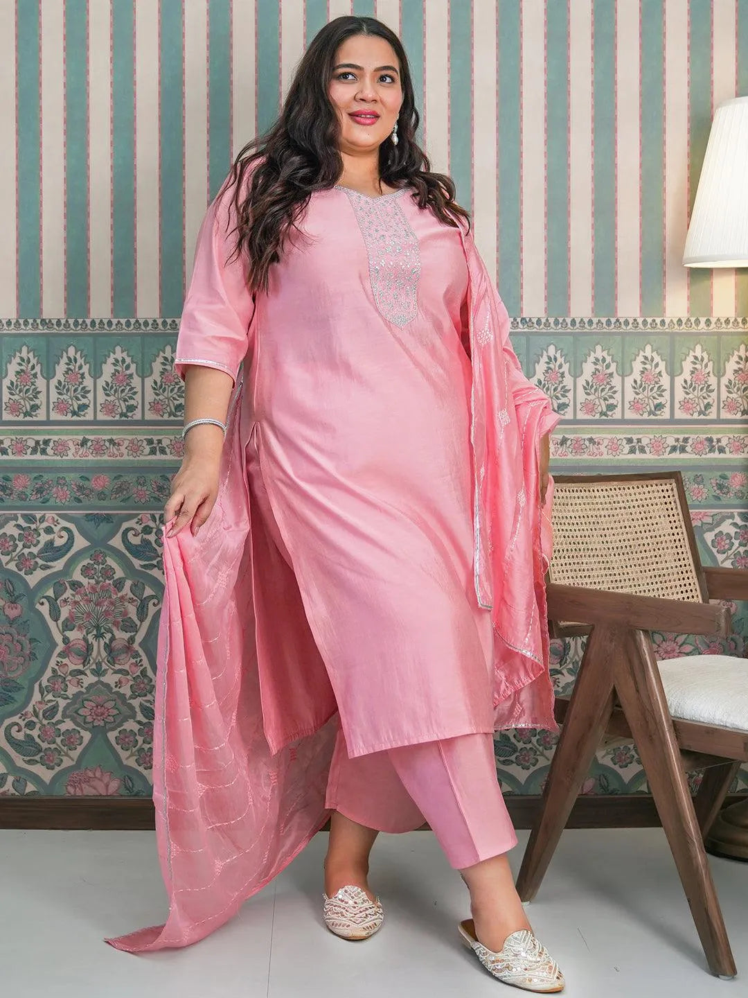 Buy Plus Size Pink Yoke Design Silk Blend Straight Suit With Dupatta Online at Rs.1539 Libas