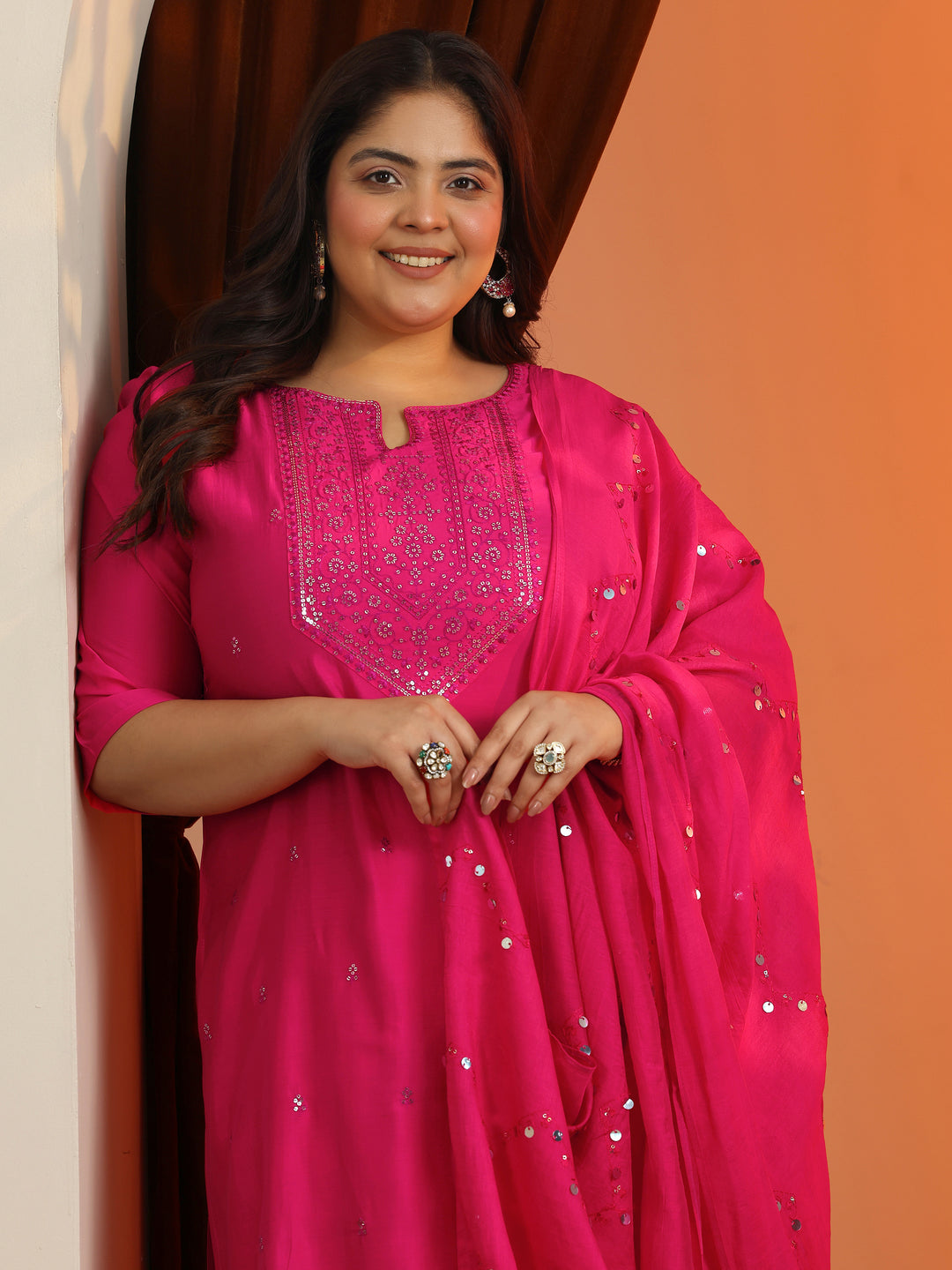 Plus Size Pink Embroidered Silk Blend Straight Suit Set With Dupatta