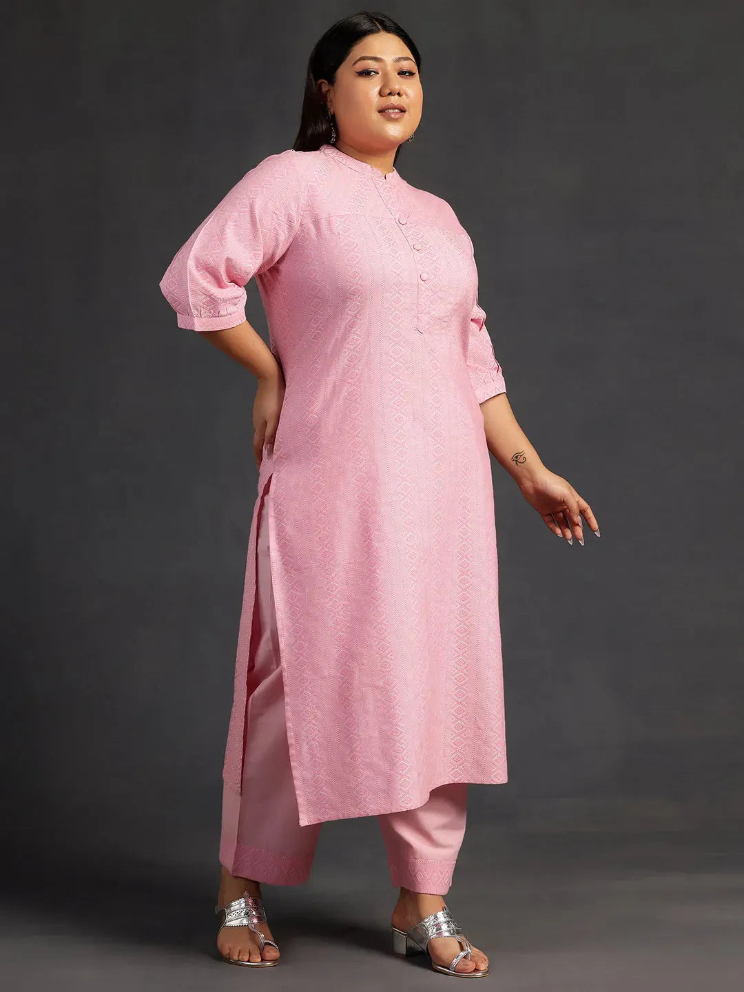 Plus Size Pink Self Design Cotton Straight Kurta Set
