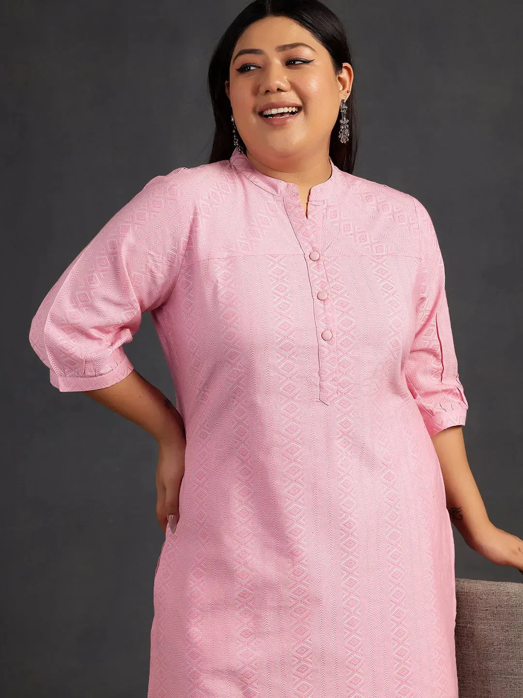 Plus Size Pink Self Design Cotton Straight Kurta Set