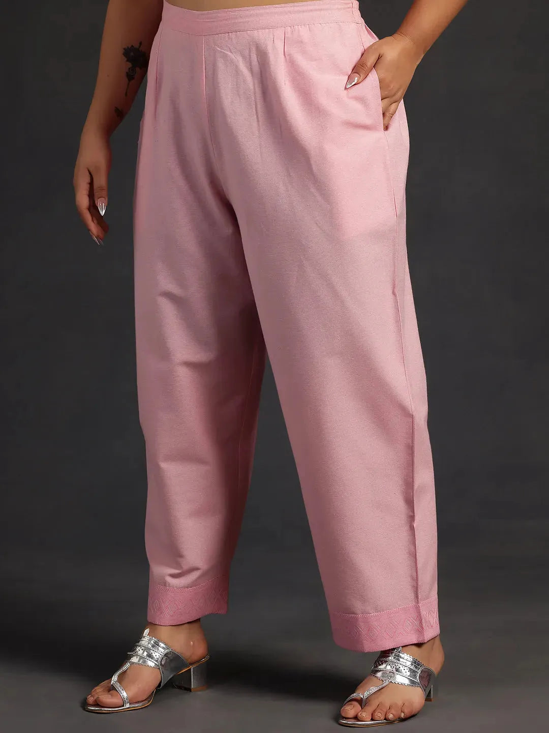 Plus Size Pink Self Design Cotton Straight Kurta Set