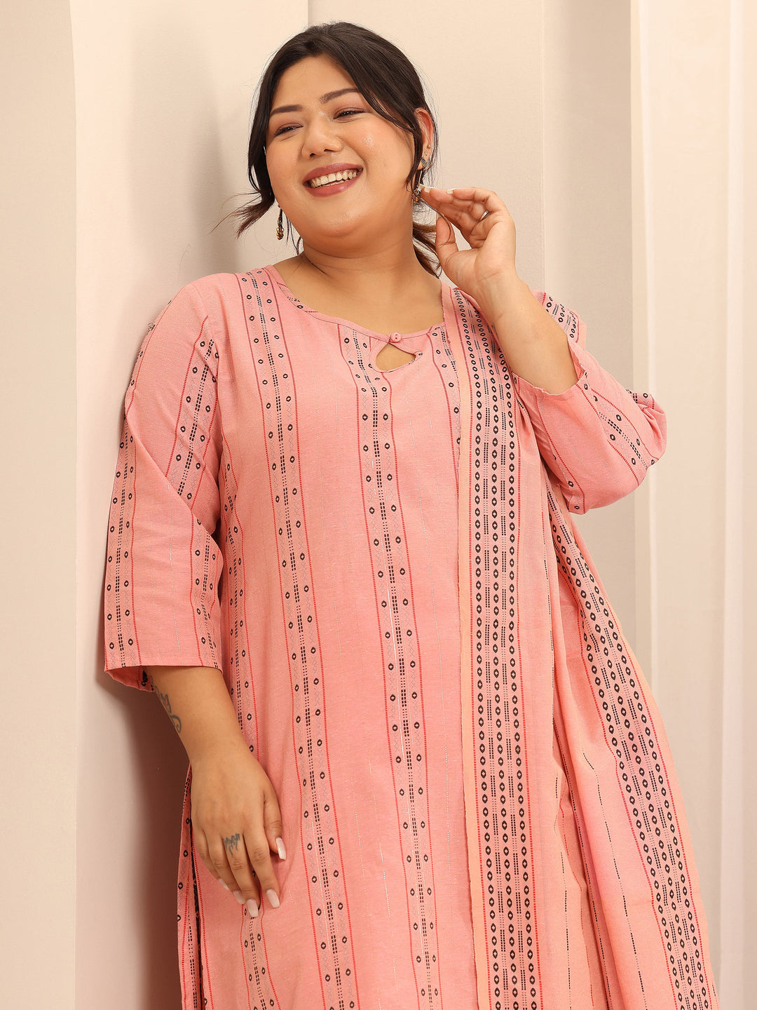 Plus Size Peach Self Design Cotton Blend Straight Suit Set With Dupatta