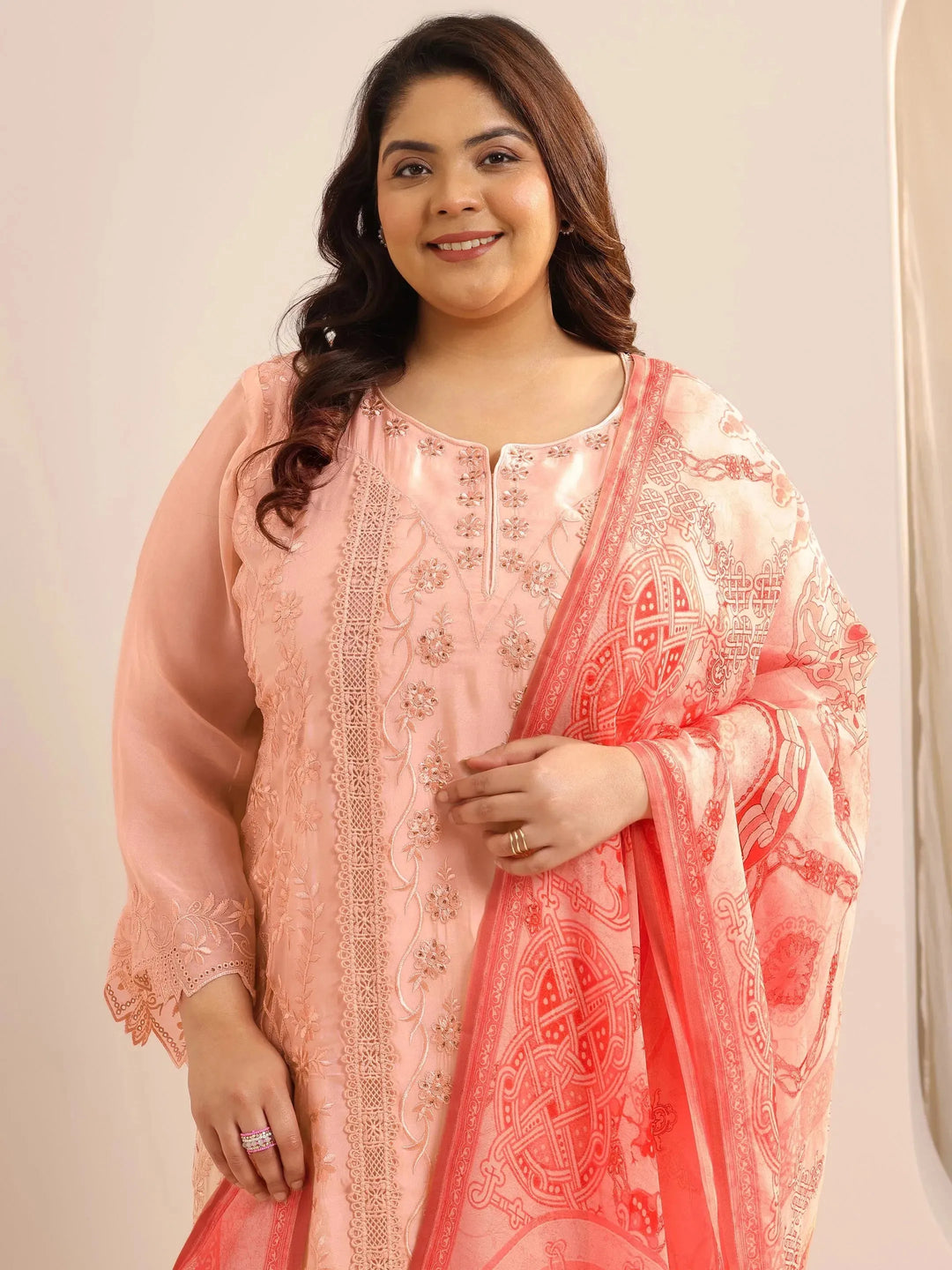 Plus Size Peach Embroidered Organza Straight Suit Set With Dupatta