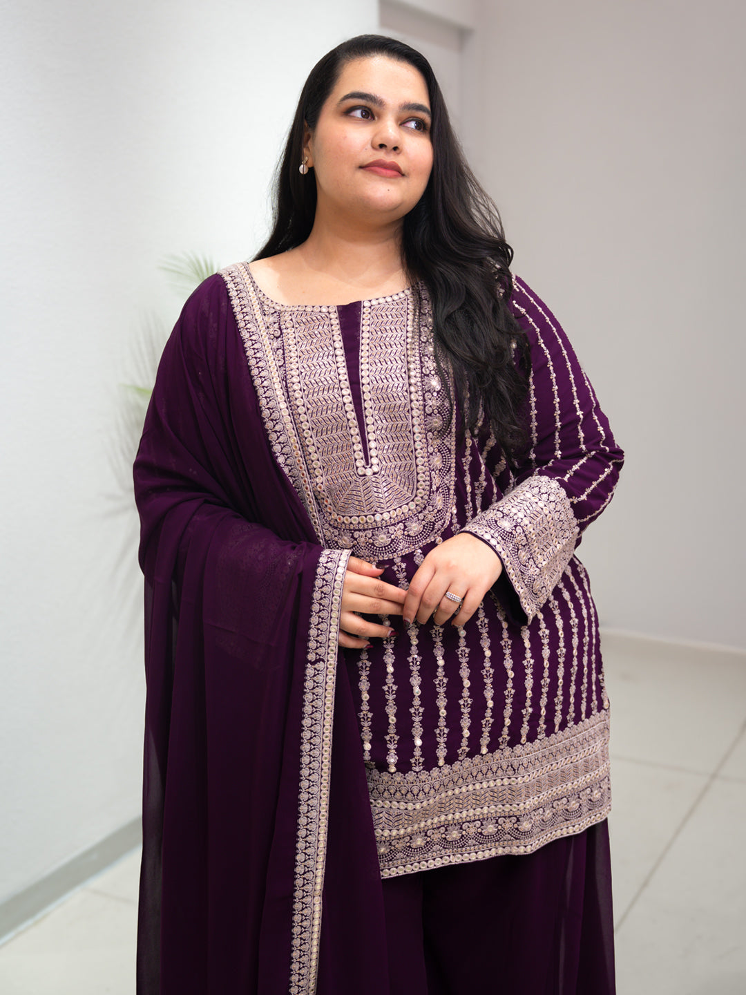 Buy Plus Size Purple Embroidered Georgette A line Suit Set With