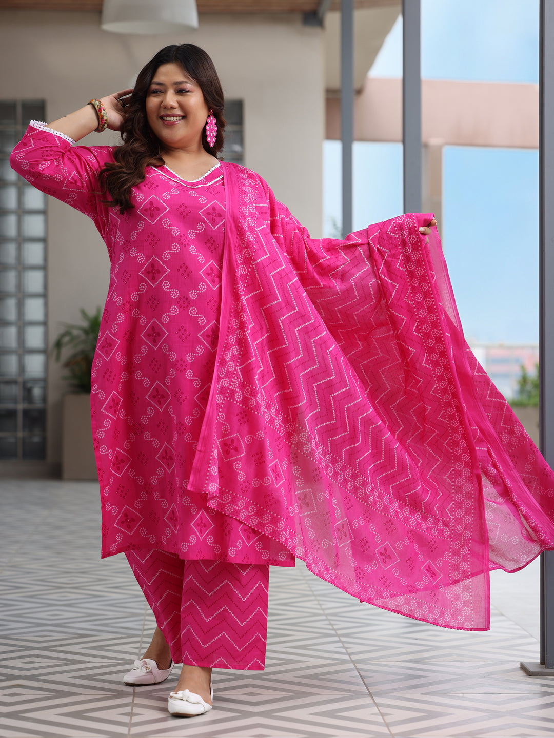 Plus Size Pink Printed Cotton Straight Suit Set With Dupatta