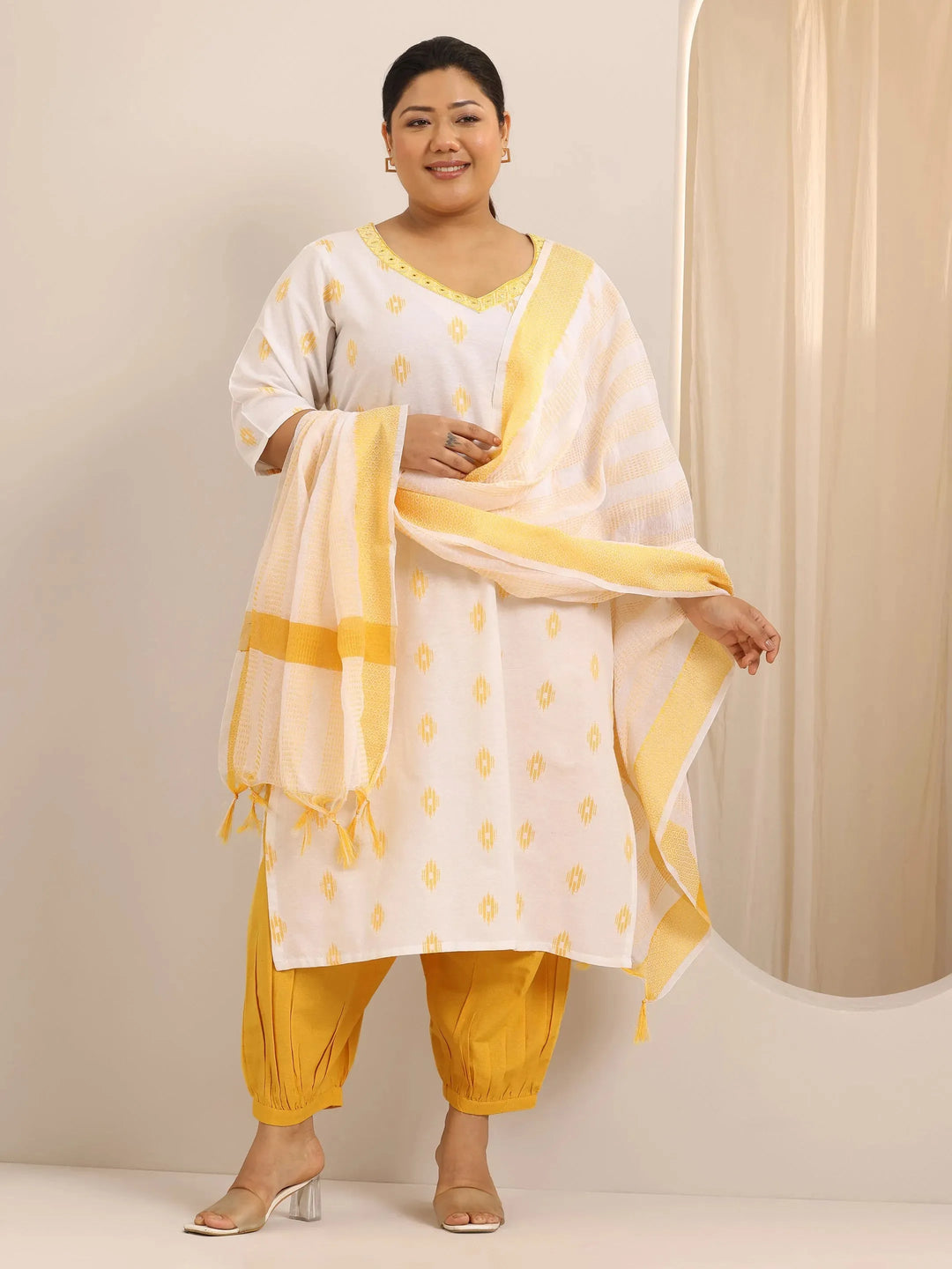 Plus Size Off White Woven Design Cotton Blend Suit Set With Dupatta