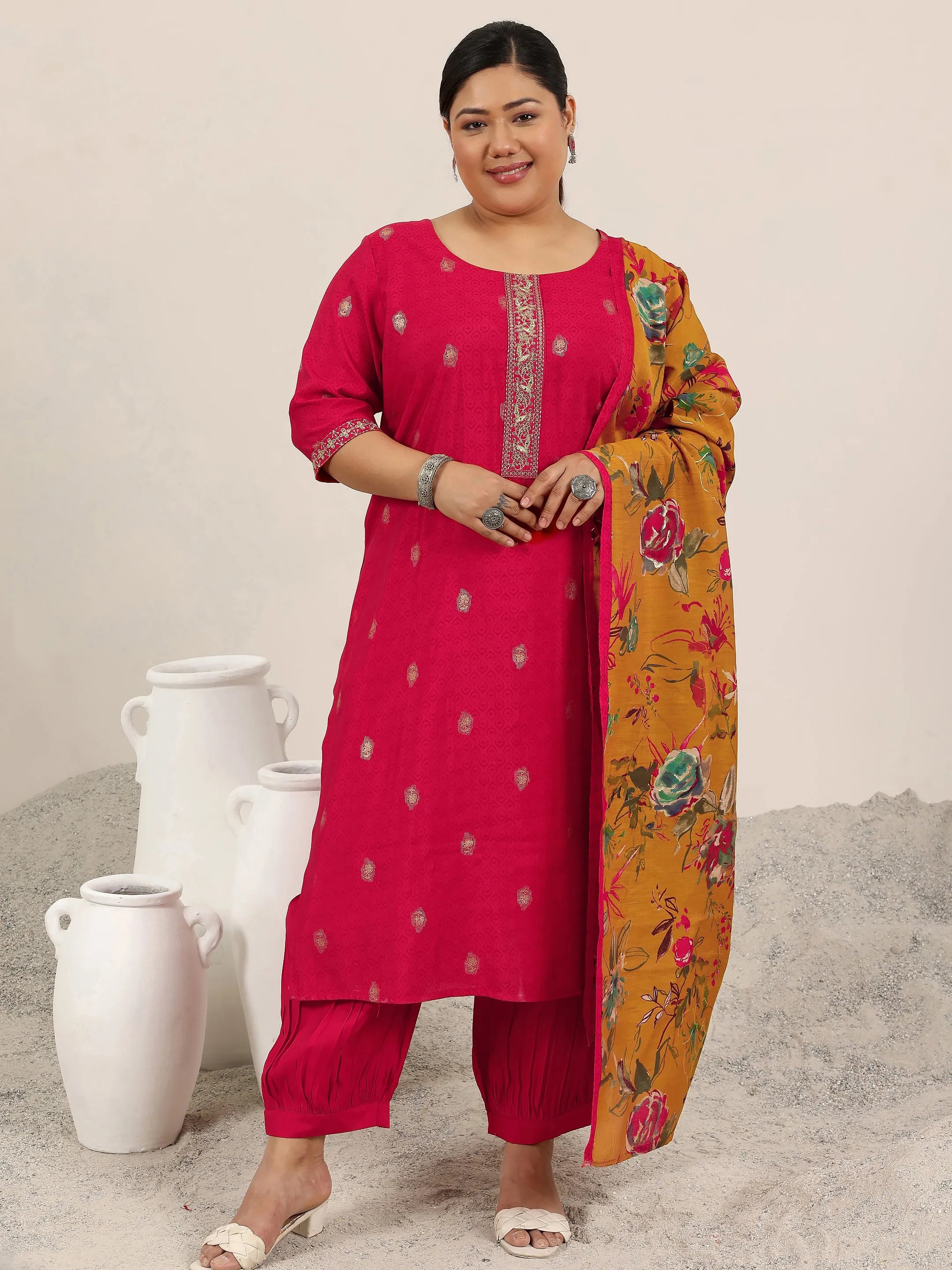 Buy Plus Size Red Printed Silk Blend Straight Suit Set With
