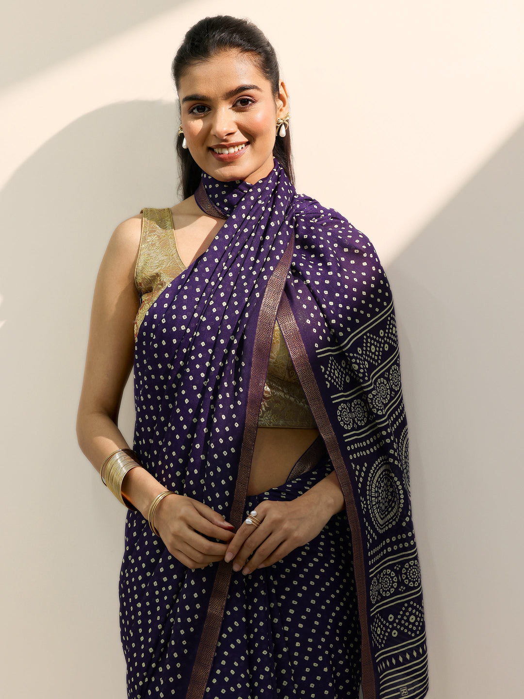 Purple Printed Georgette Saree With Unstitched Blouse Piece