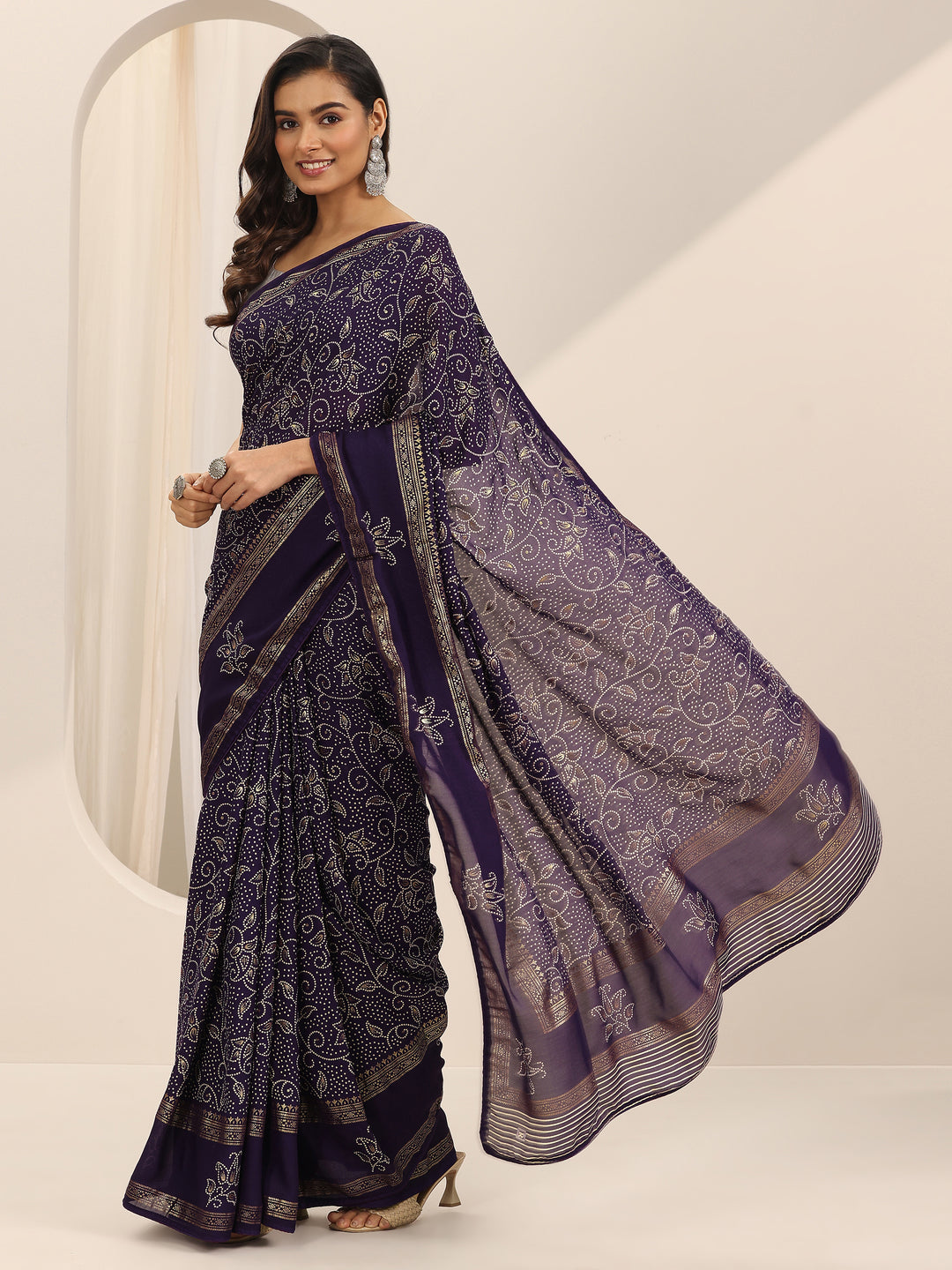Purple Printed Georgette Saree With Unstitched Blouse Piece