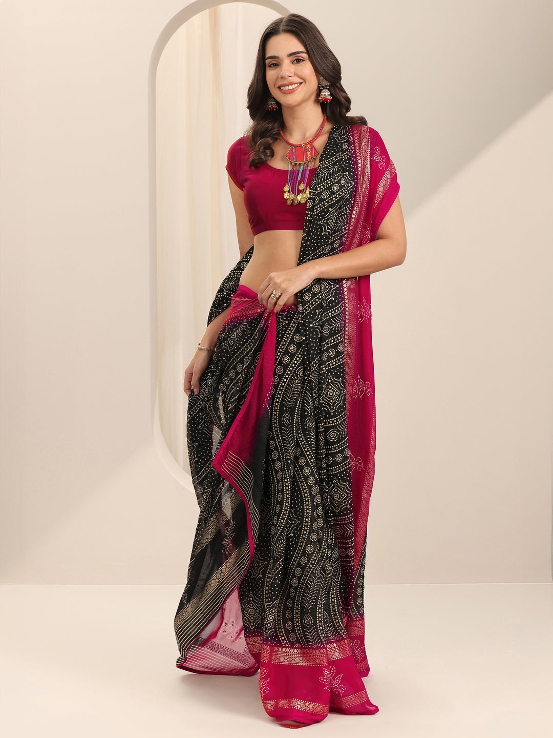 Black Printed Georgette Saree With Unstitched Blouse Piece