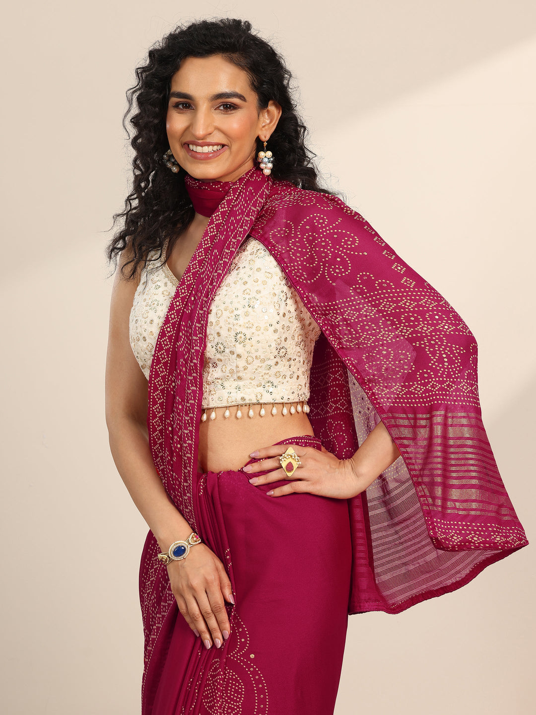 Pink Printed Georgette Saree With Unstitched Blouse Piece