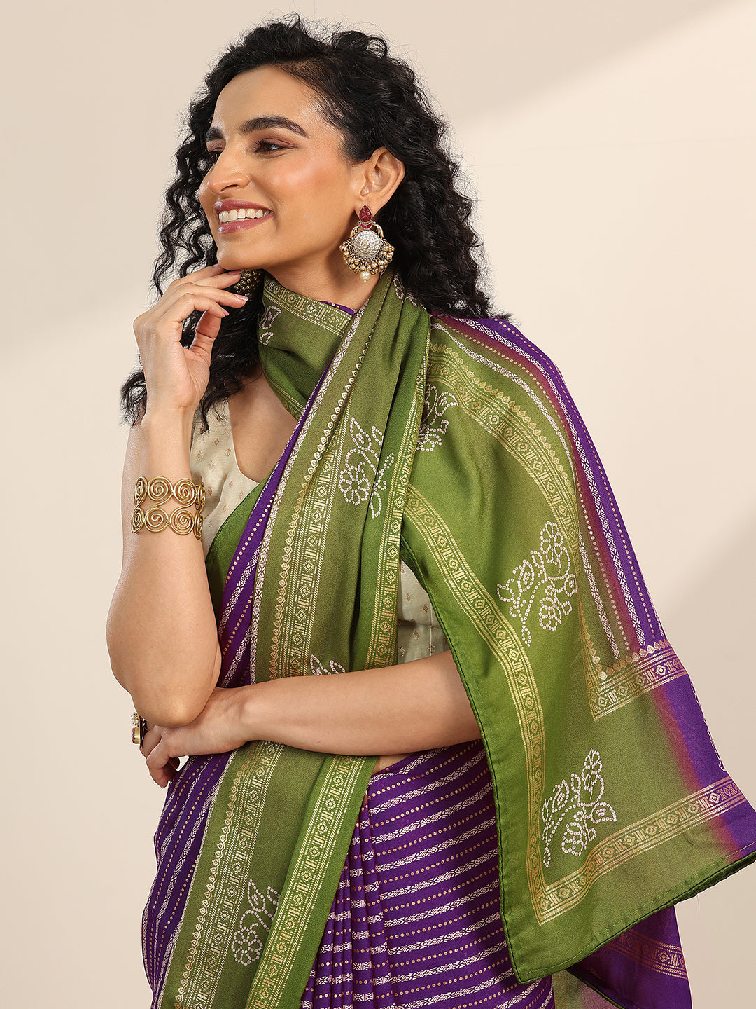 Purple Printed Georgette Saree With Unstitched Blouse Piece