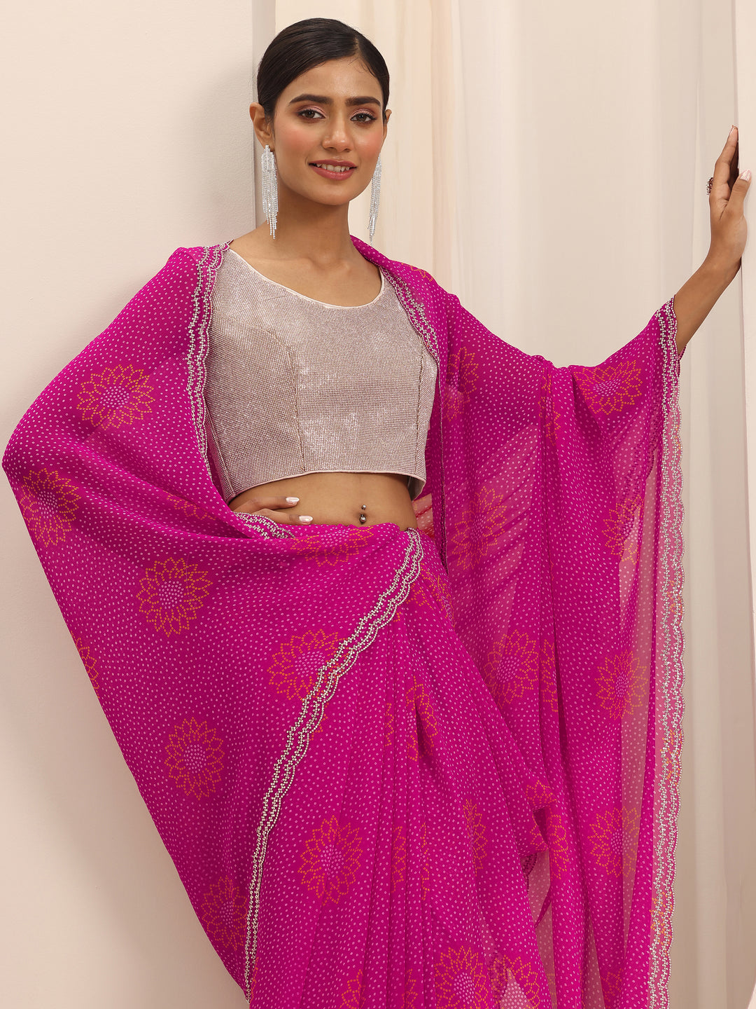 Pink Bandhani Printed Georgette Saree With Unstitched Blouse Piece