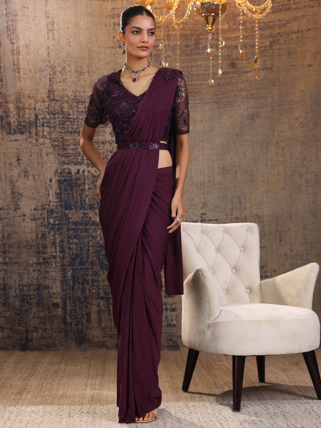 Libas Art Burgundy Solid Nylon Ready to Wear Saree