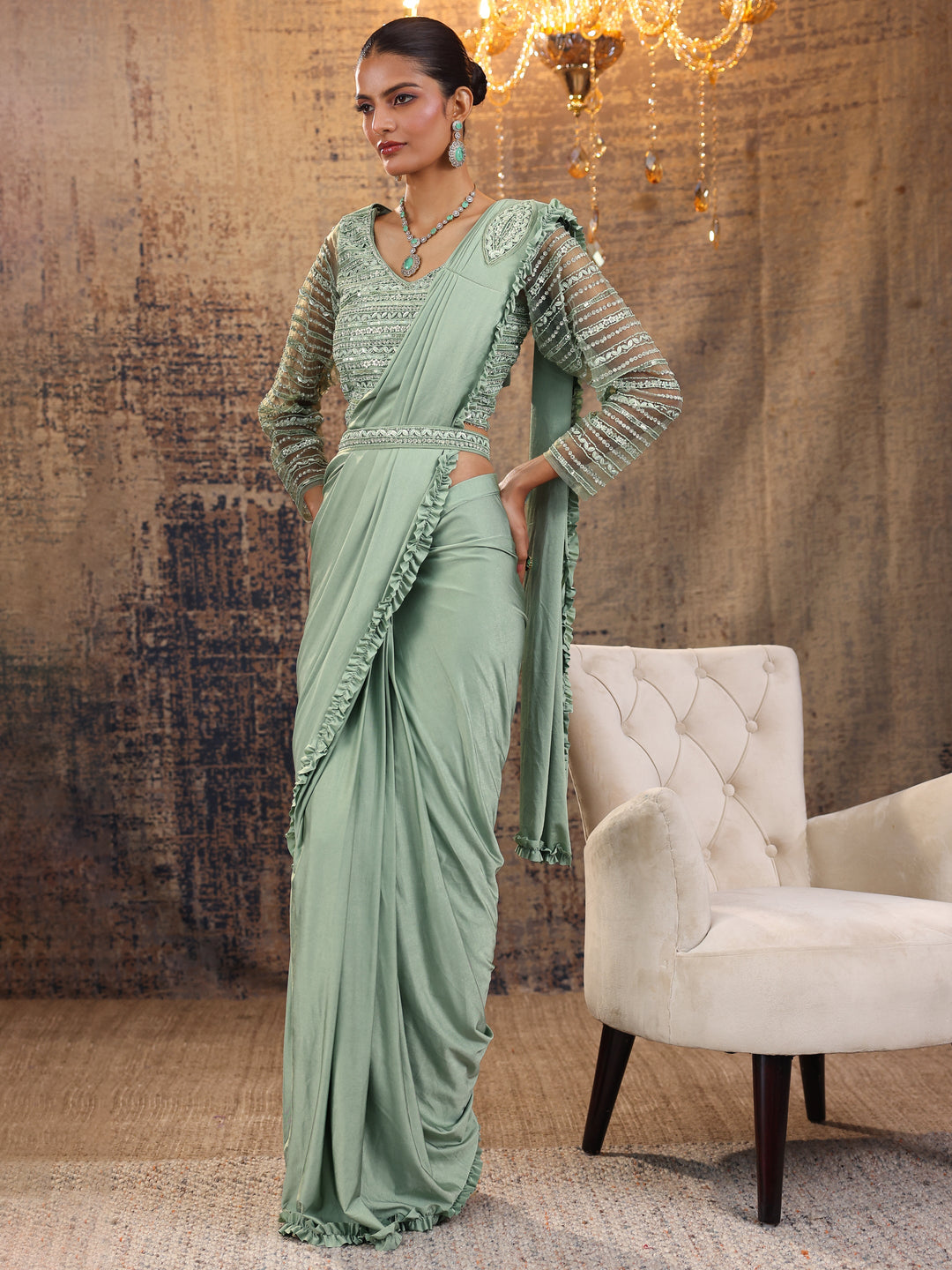 Libas Art Green Solid Nylon Ready to Wear Saree