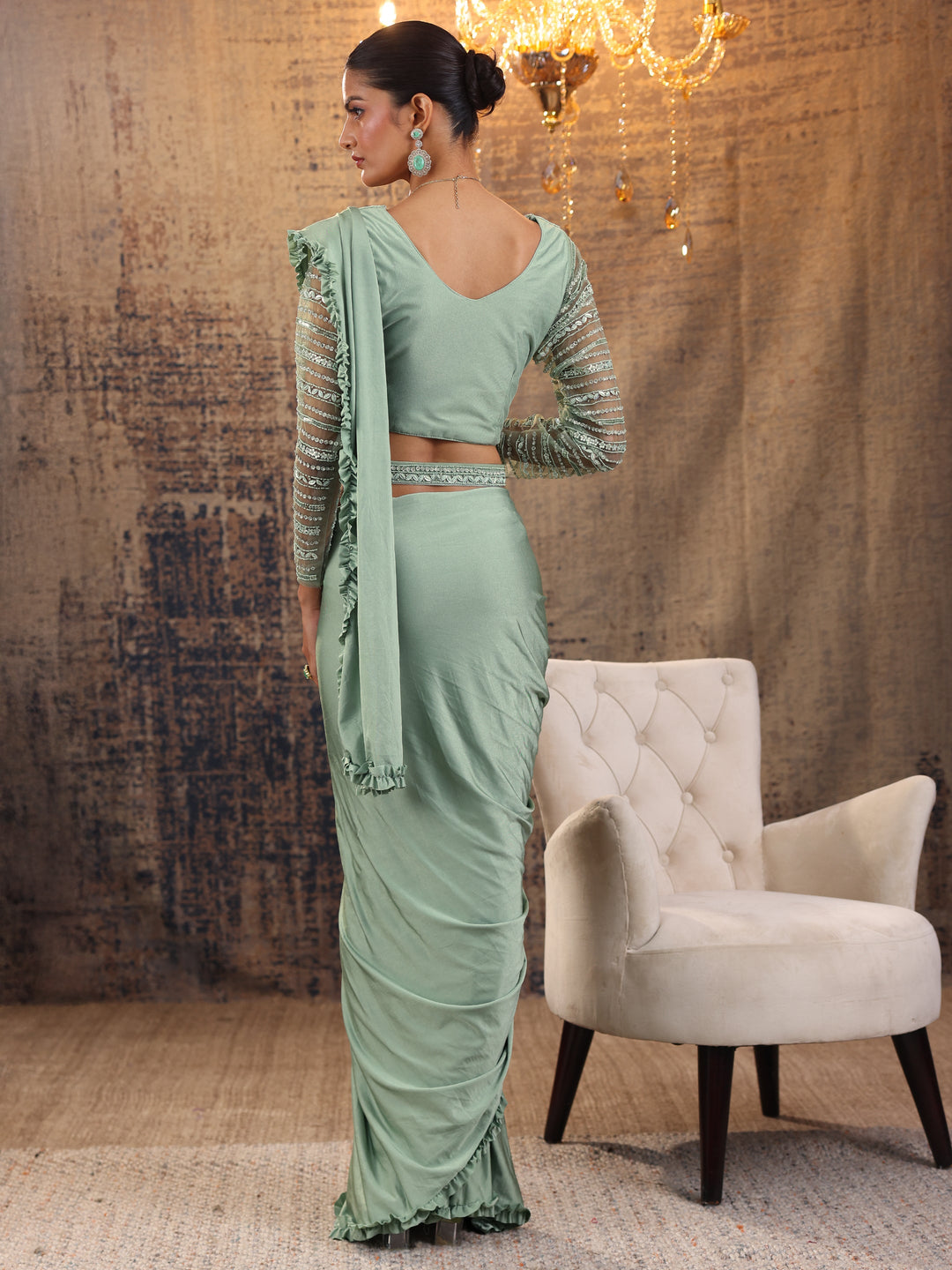 Libas Art Green Solid Nylon Ready to Wear Saree