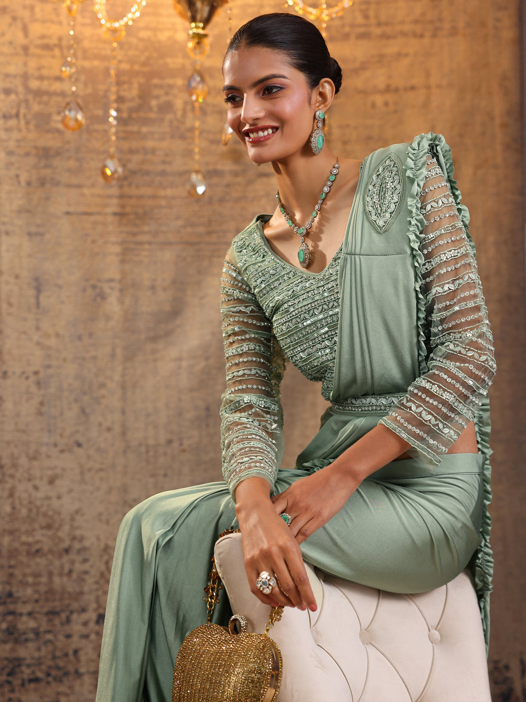 Libas Art Green Solid Nylon Ready to Wear Saree