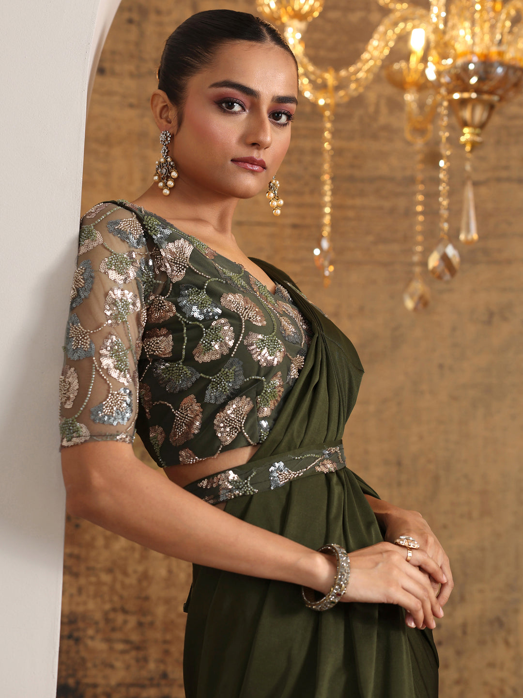 Libas Art Green Solid Nylon Ready to Wear Saree