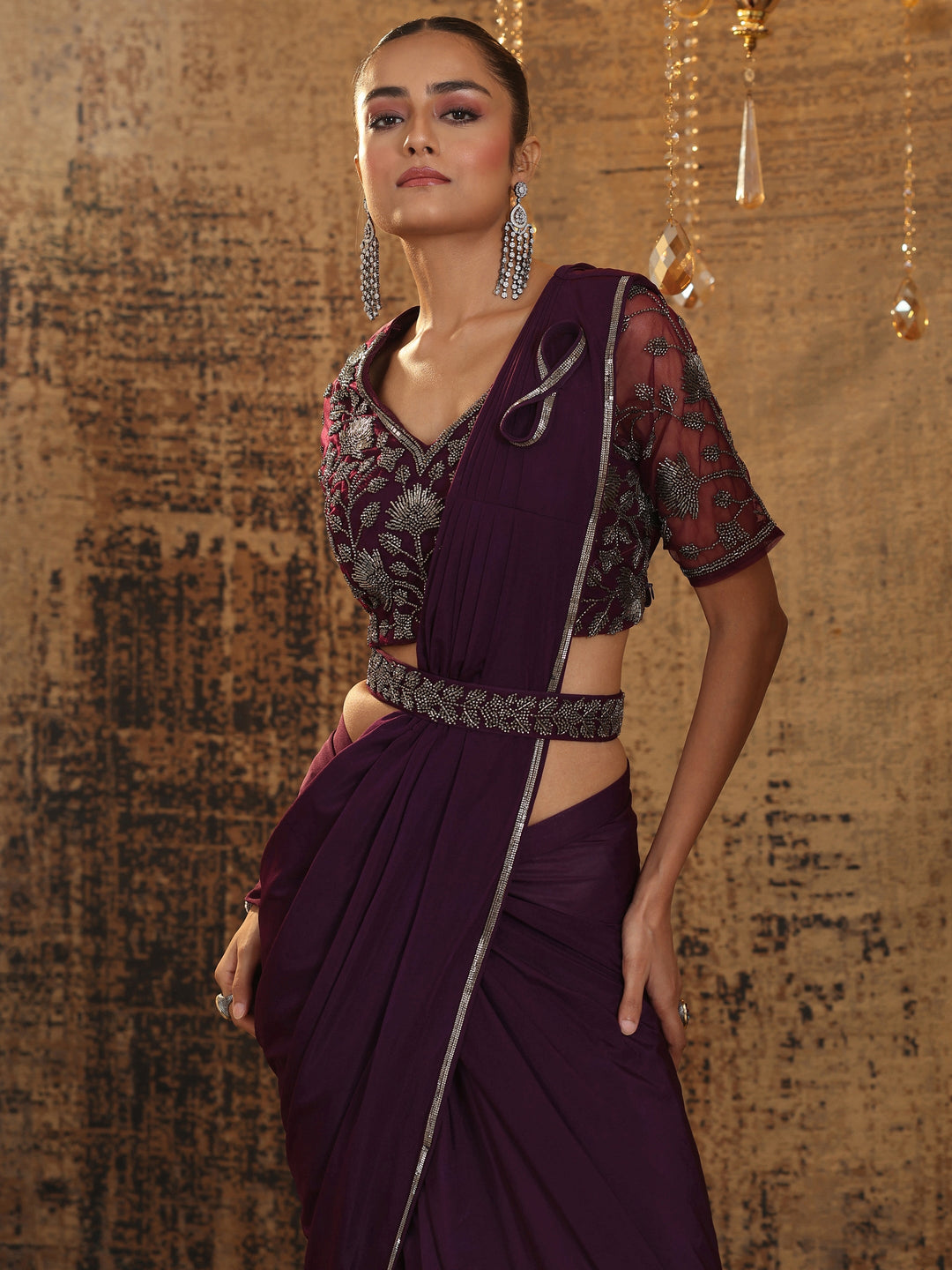 Libas Art Burgundy Solid Nylon Ready to Wear Saree