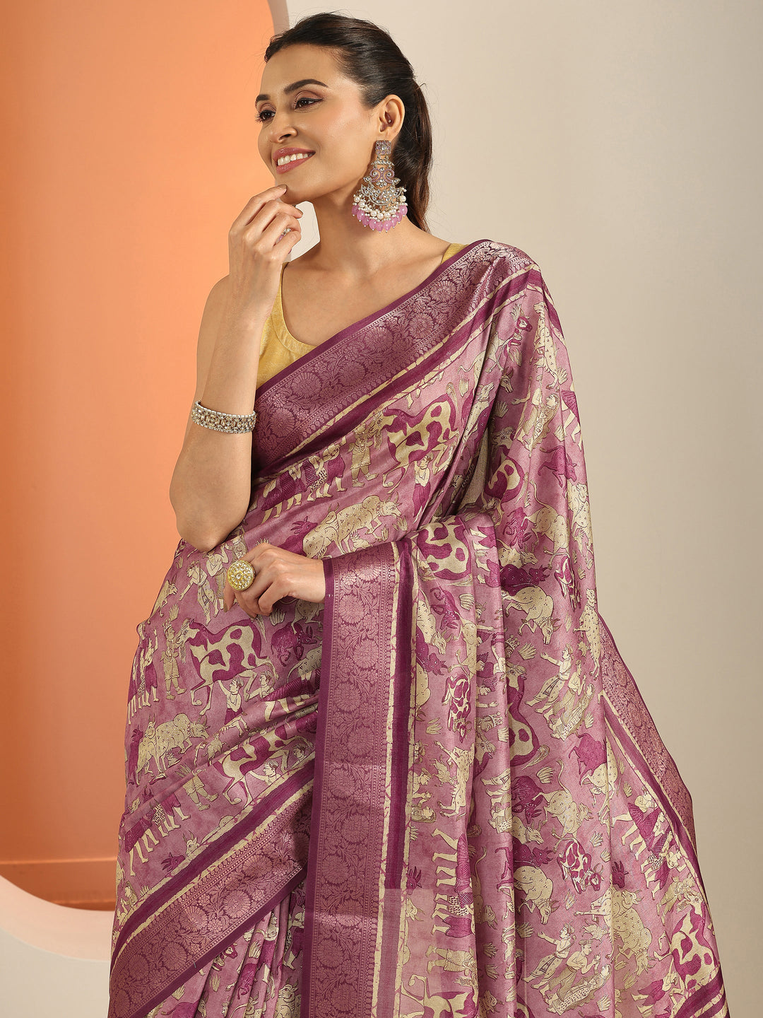 Mauve Printed Silk Blend Saree With Unstitched Blouse Piece