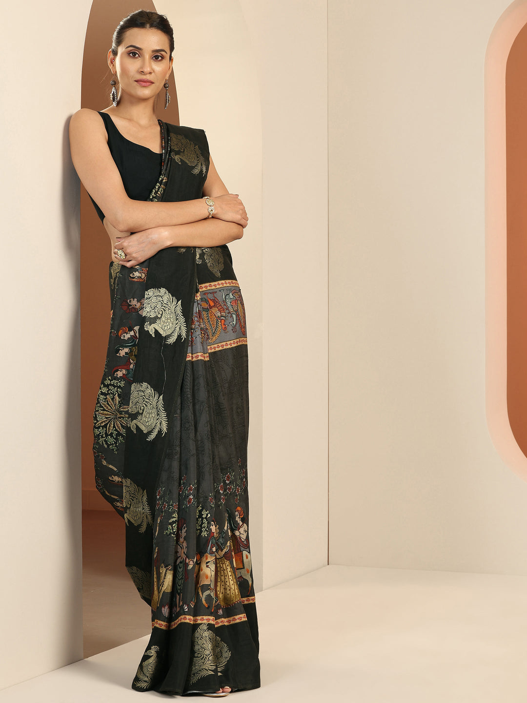 Black Printed Silk Blend Saree With Unstitched Blouse Piece