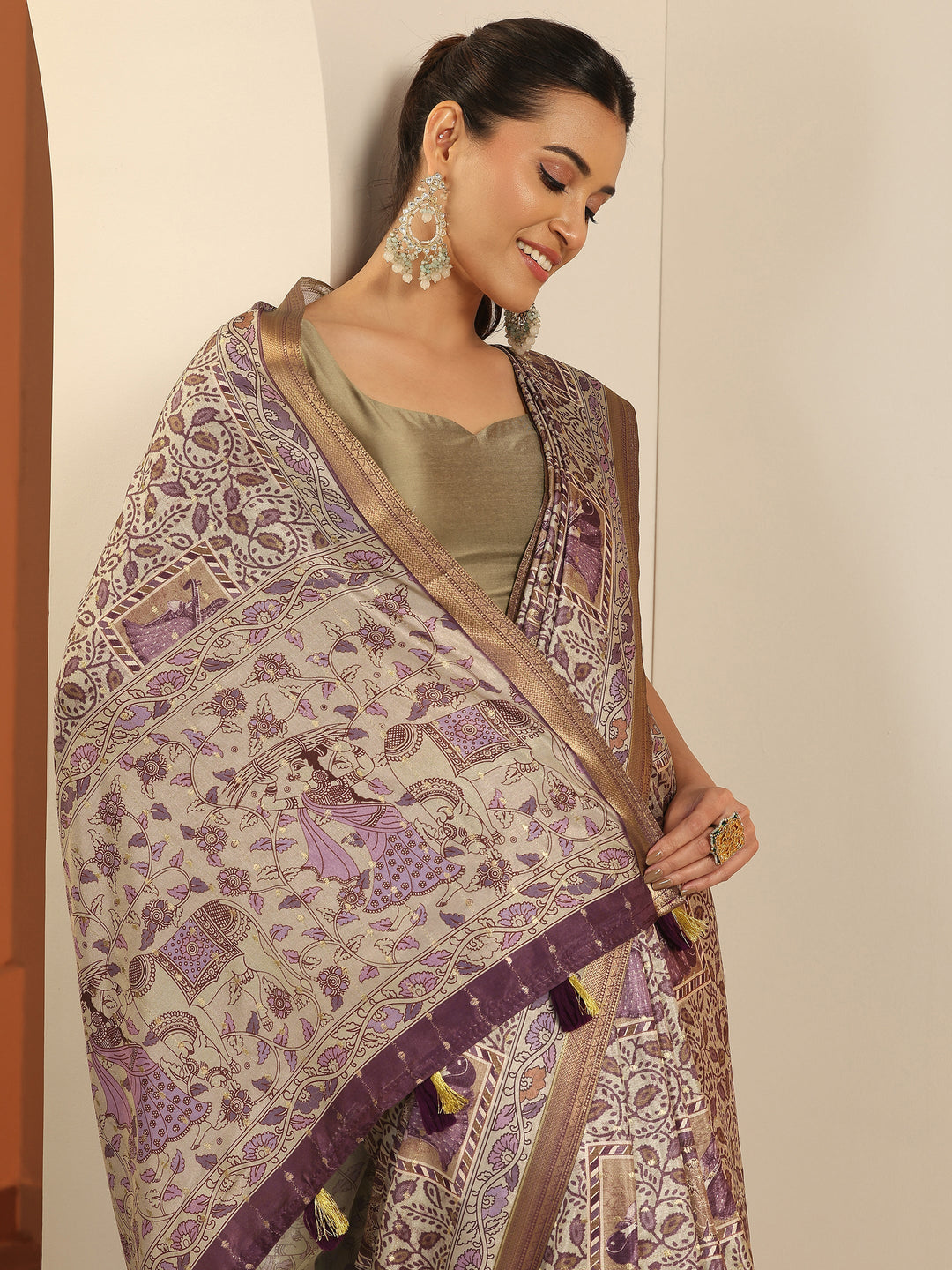 Mauve Printed Silk Blend Saree With Unstitched Blouse Piece