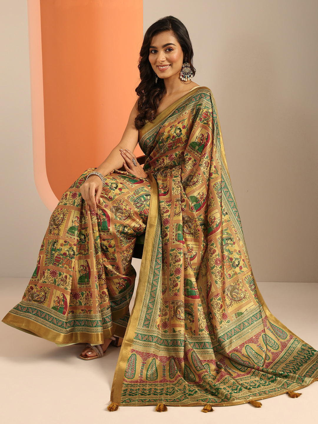 Mustard Kalamkari Printed Silk Blend Saree With Unstitched Blouse Piece