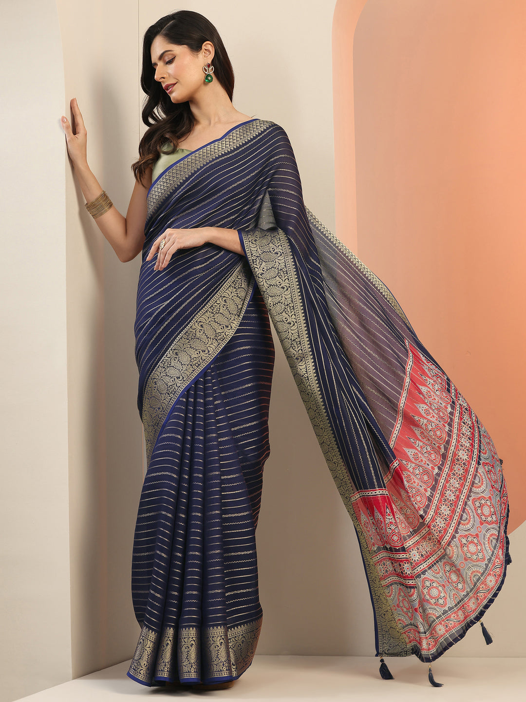 Navy blue Woven Design Georgette Saree With Unstitched Blouse Piece