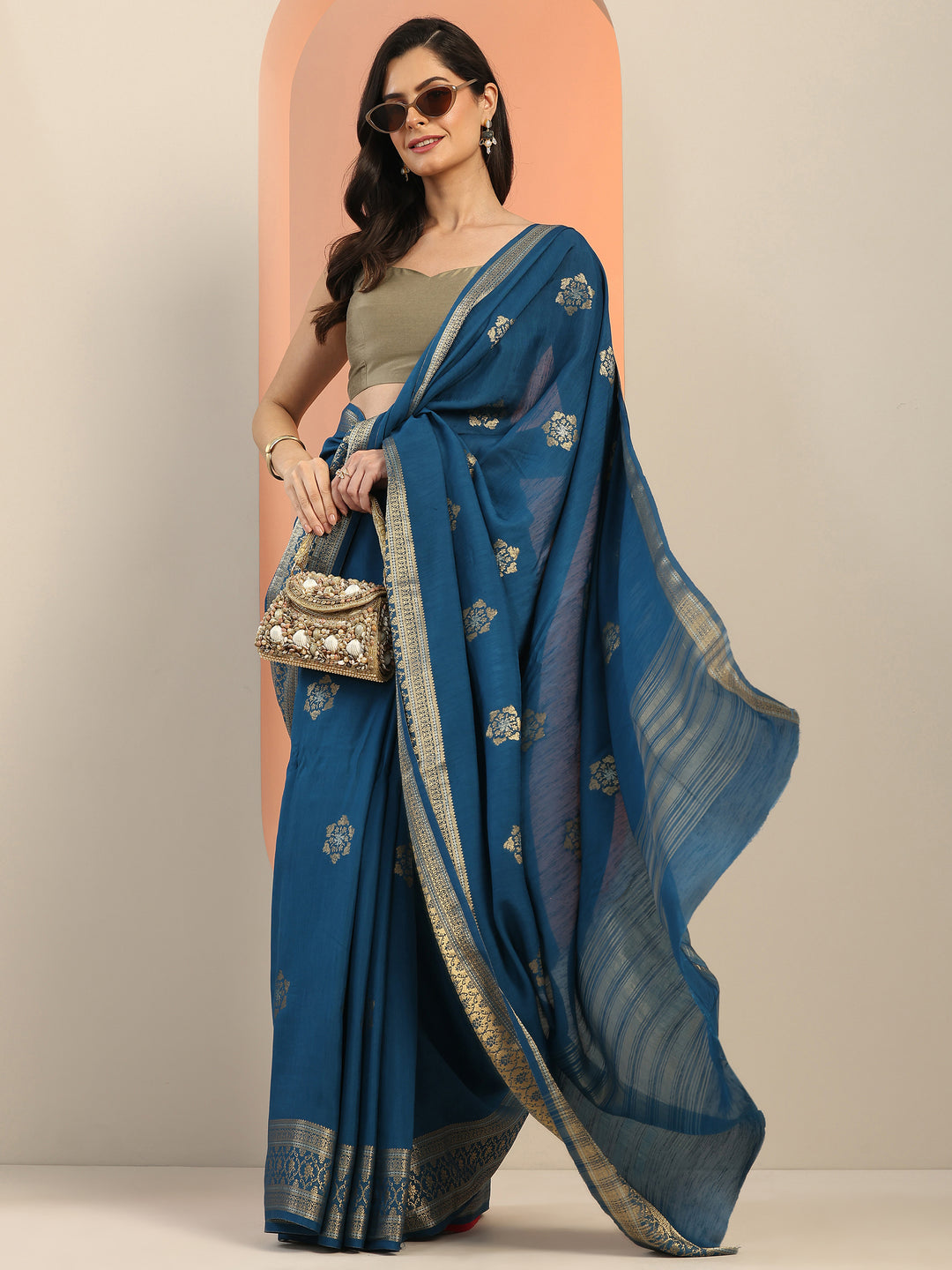 Teal Woven Design Silk Blend Saree With Unstitched Blouse Piece