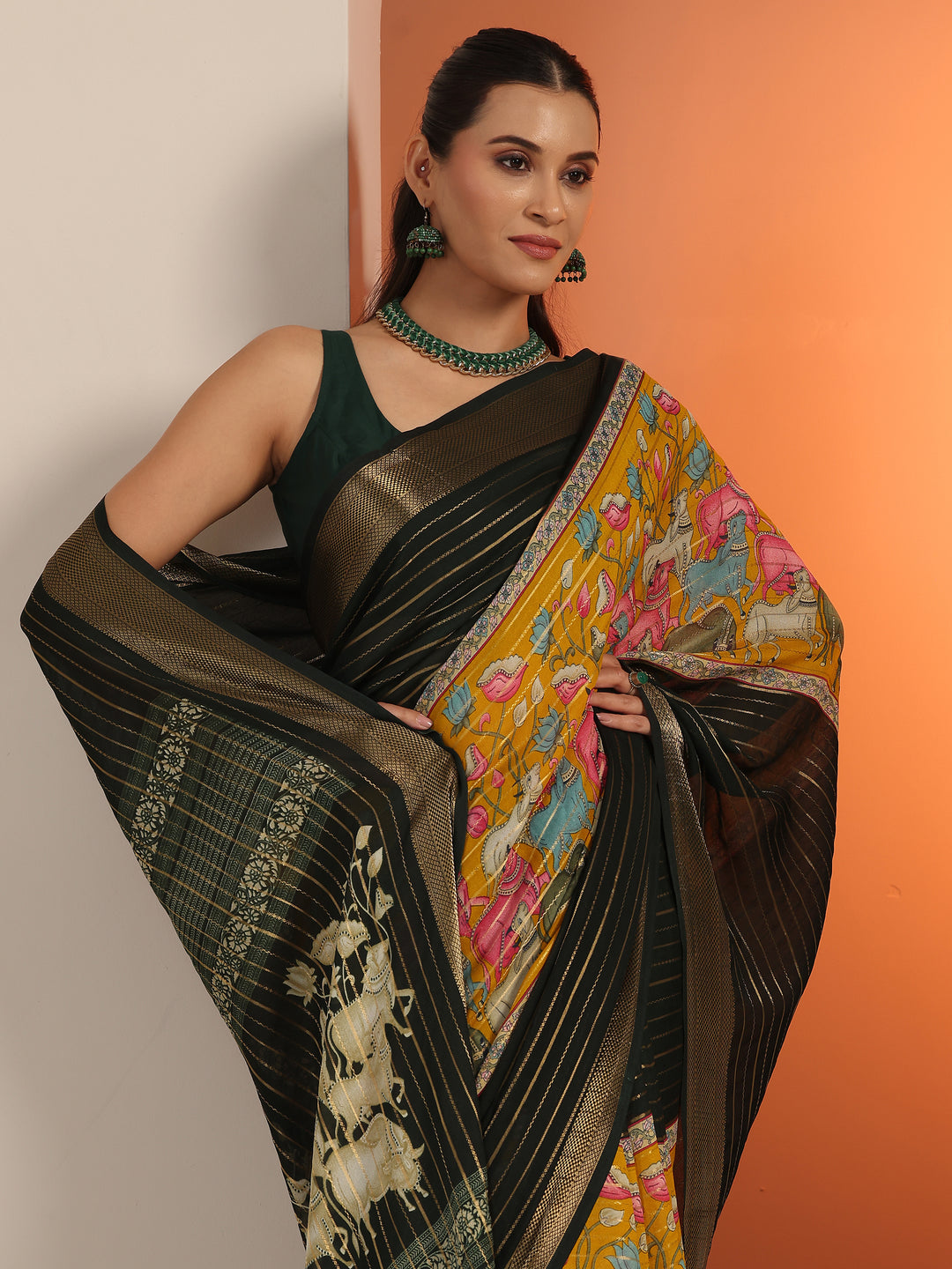 Multi Printed Silk Blend Saree With Unstitched Blouse Piece