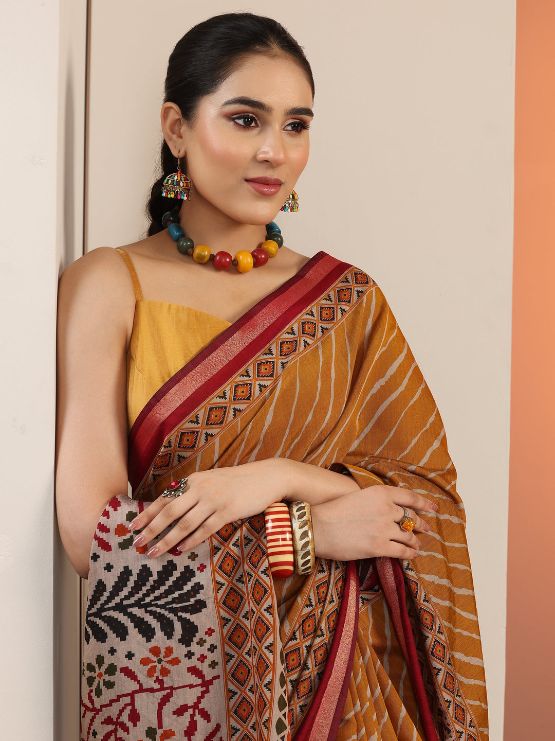 Mustard Leheriya Printed Cotton Blend Saree With Unstitched Blouse Piece