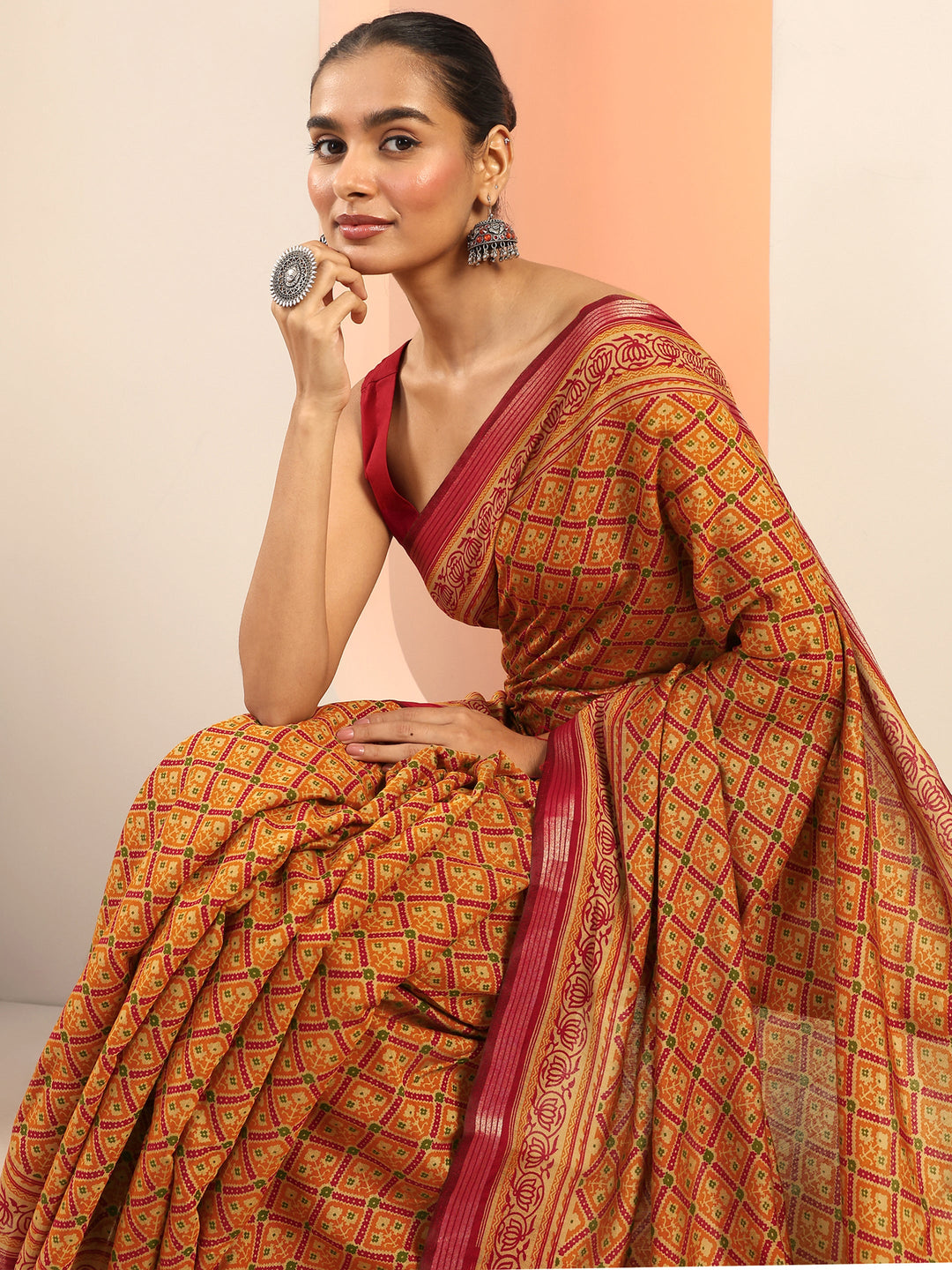 Mustard Printed Cotton Saree With Unstitched Blouse Piece