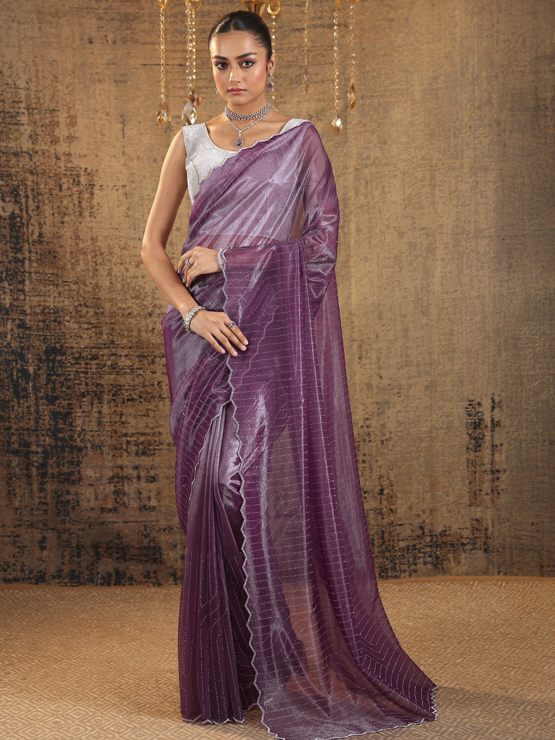 Purple Embellished Organza Saree With Unstitched Blouse Piece