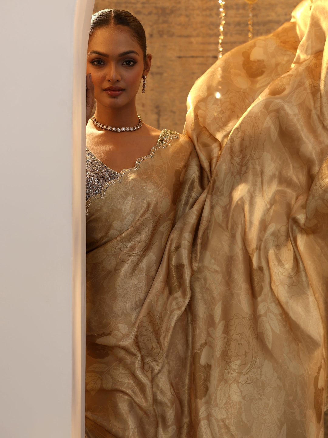 Brown Printed Satin Saree With Unstitched Blouse Piece