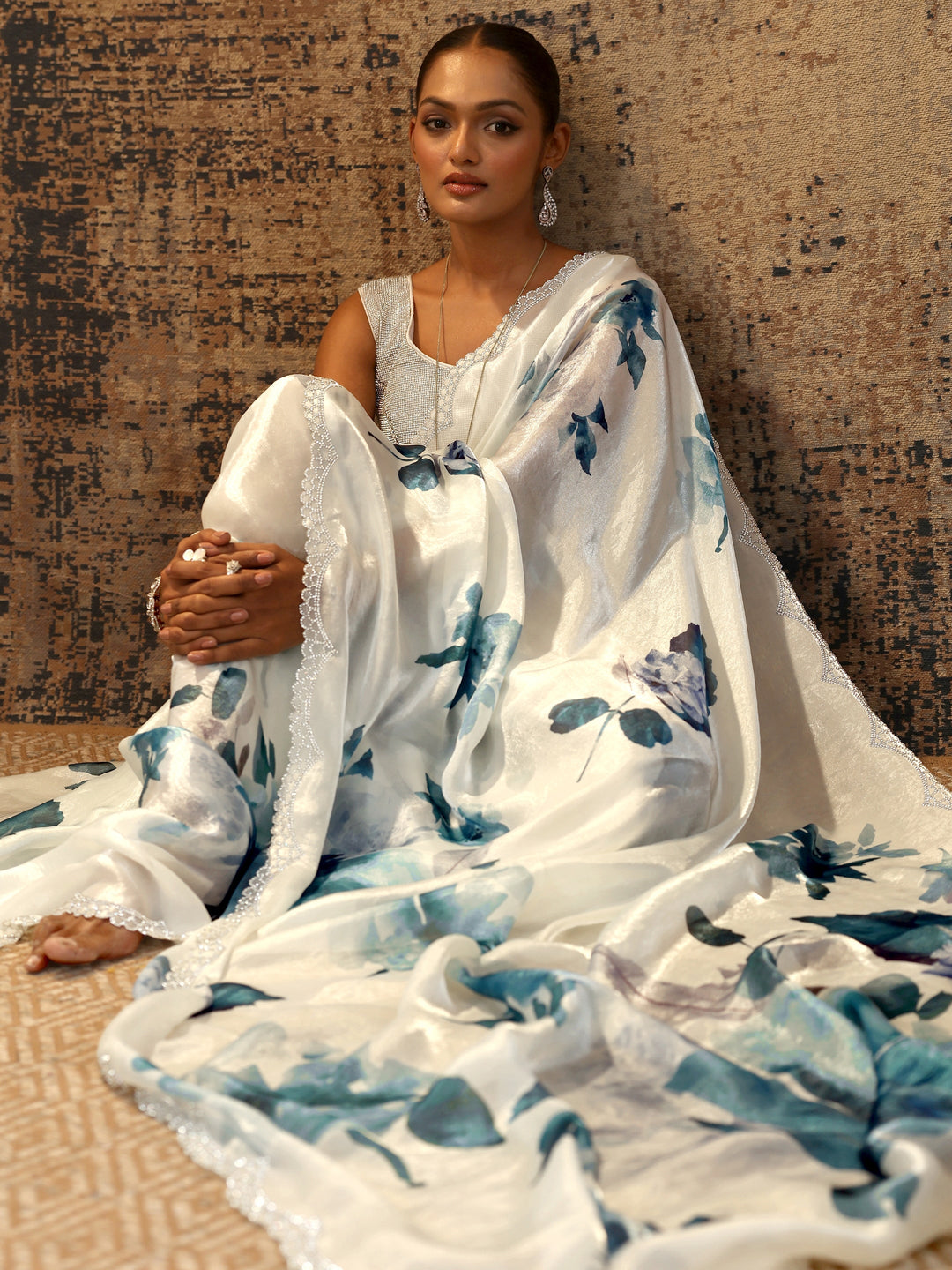 Blue Printed Satin Saree With Unstitched Blouse Piece