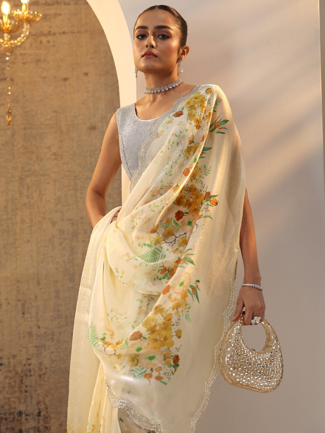 Yellow Printed Satin Saree With Unstitched Blouse Piece