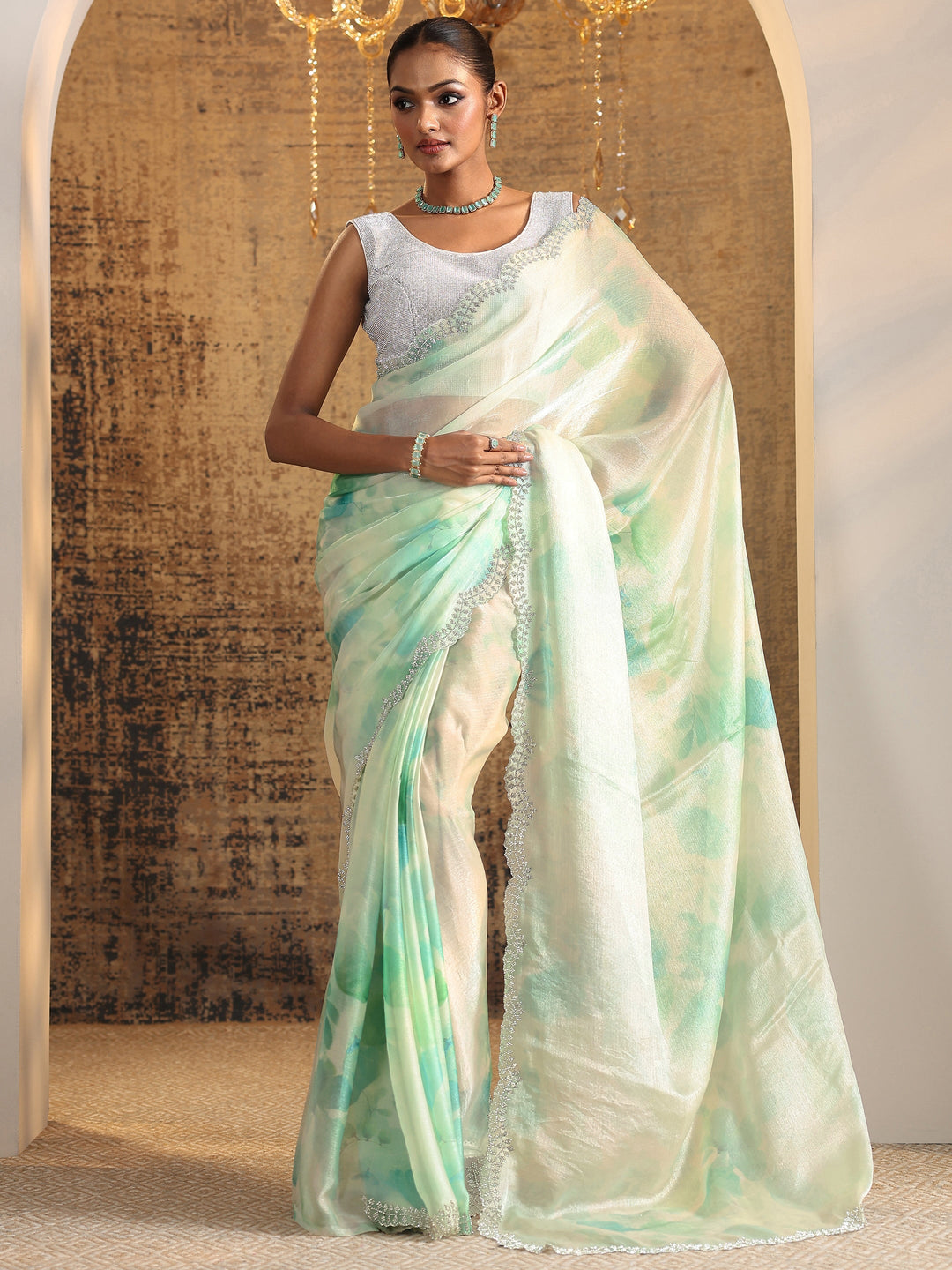 Green Printed Satin Saree With Unstitched Blouse Piece