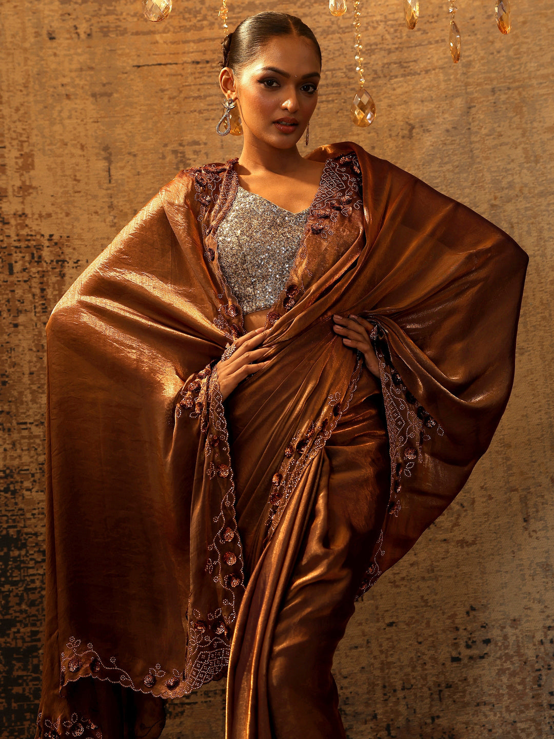 Copper Solid Satin Saree With Unstitched Blouse Piece