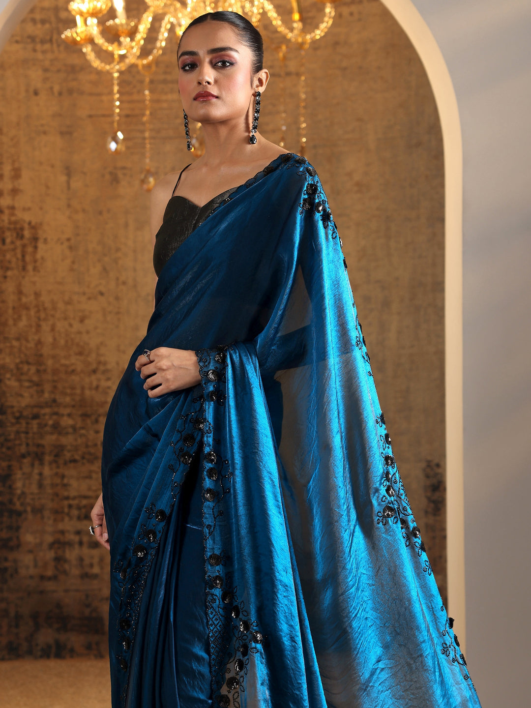 Navy Blue Solid Jimmy Choo Satin Saree With Unstitched Blouse Piece