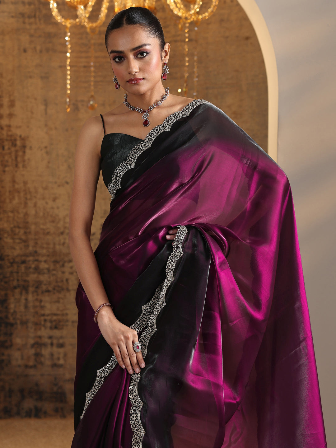 Burgundy Solid Satin Saree With Unstitched Blouse Piece