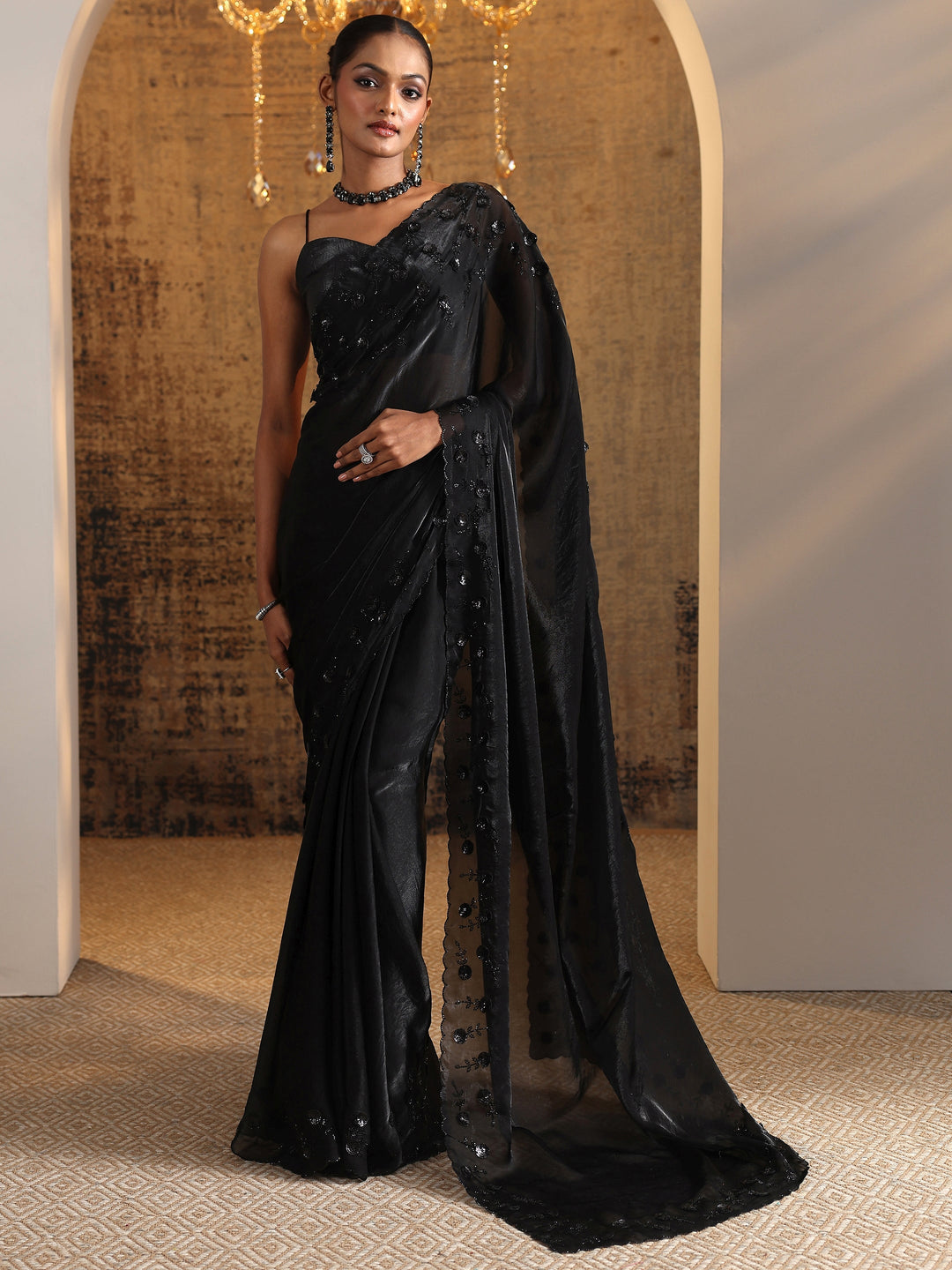 Black Solid Satin Saree With Unstitched Blouse Piece
