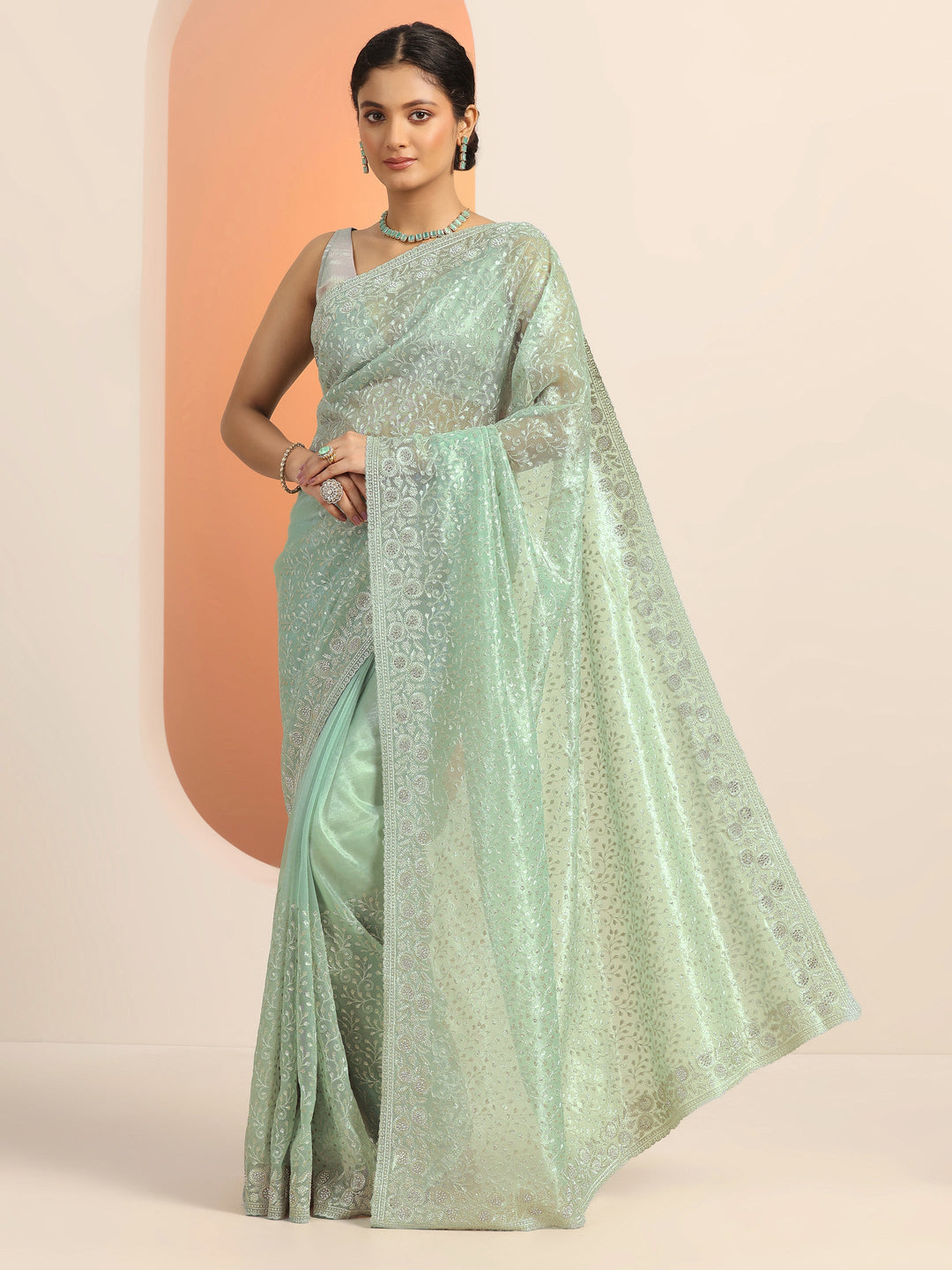 Green Embroidered Nylon Saree With Unstitched Blouse Piece