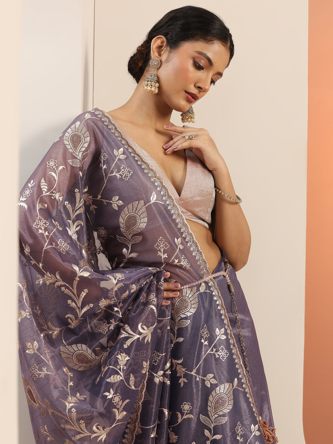 Lavender Embroidered Nylon Saree With Unstitched Blouse Piece