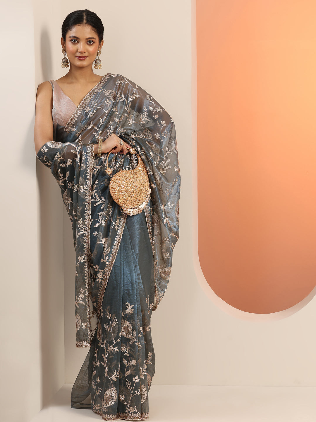 Teal Embroidered Nylon Saree With Unstitched Blouse Piece