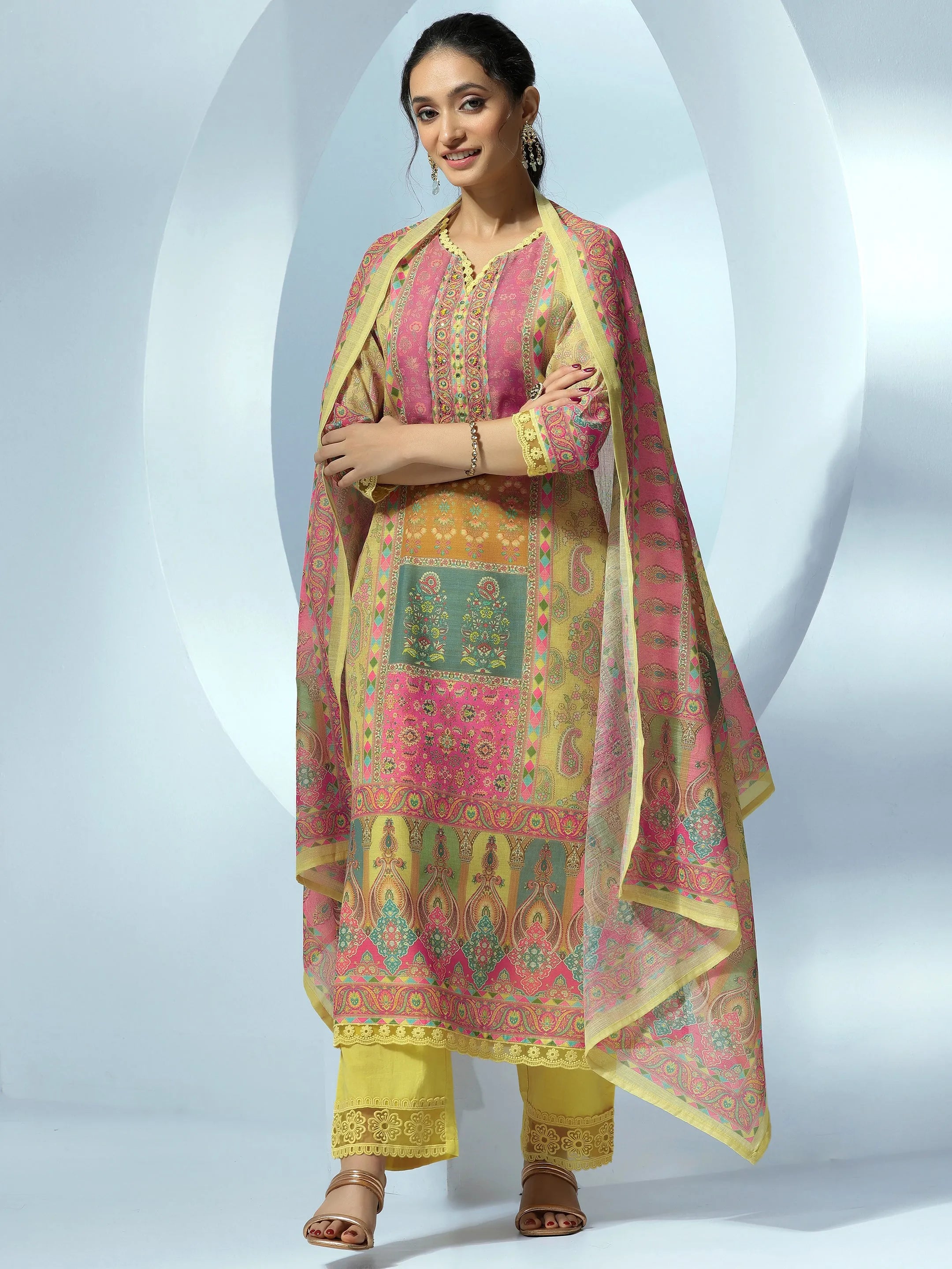 Yellow Printed Linen Straight Suit With Dupatta Online at Rs.2199 | Libas