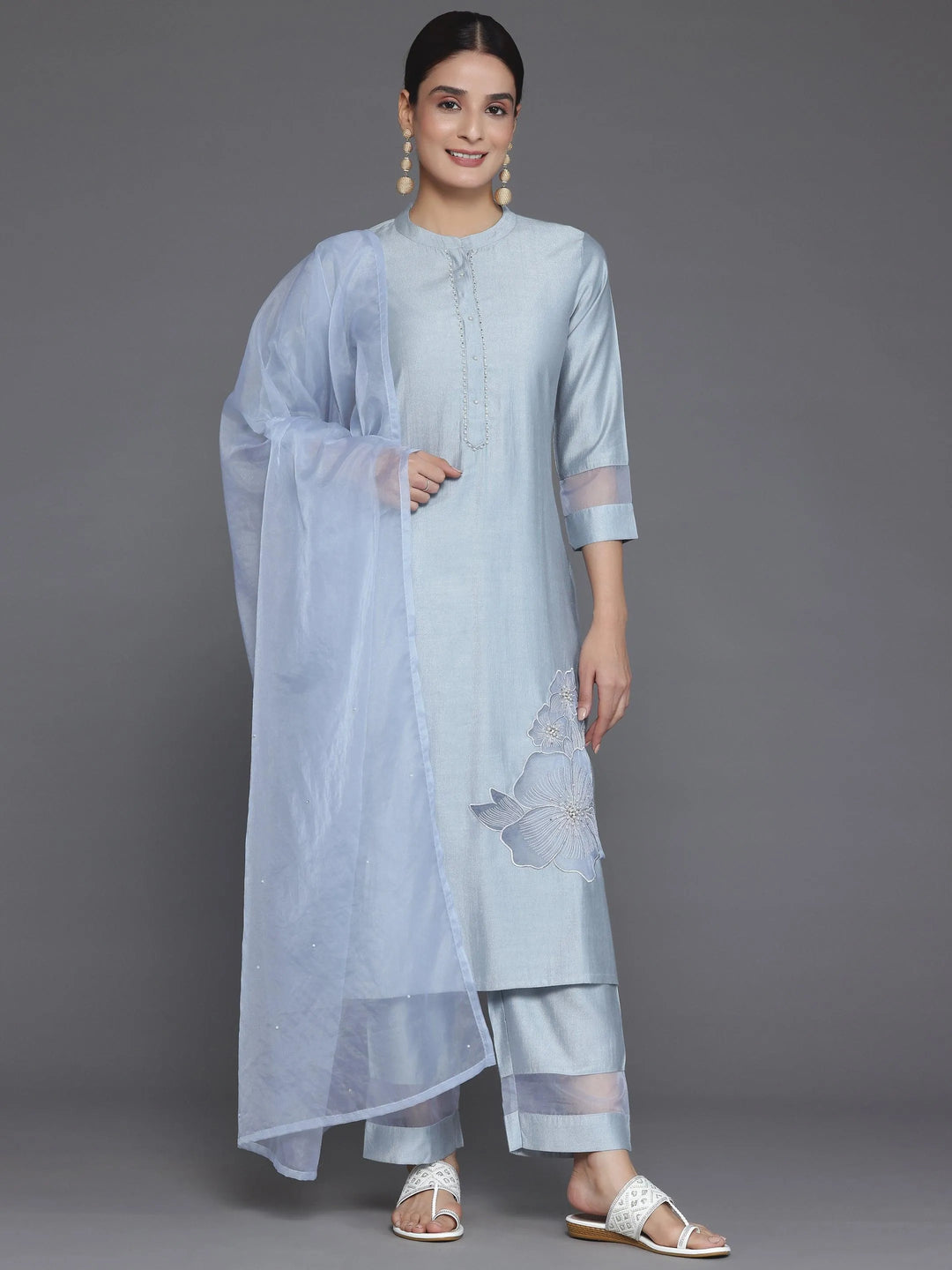 Grey Solid Silk Blend Straight Suit With Dupatta - Libas